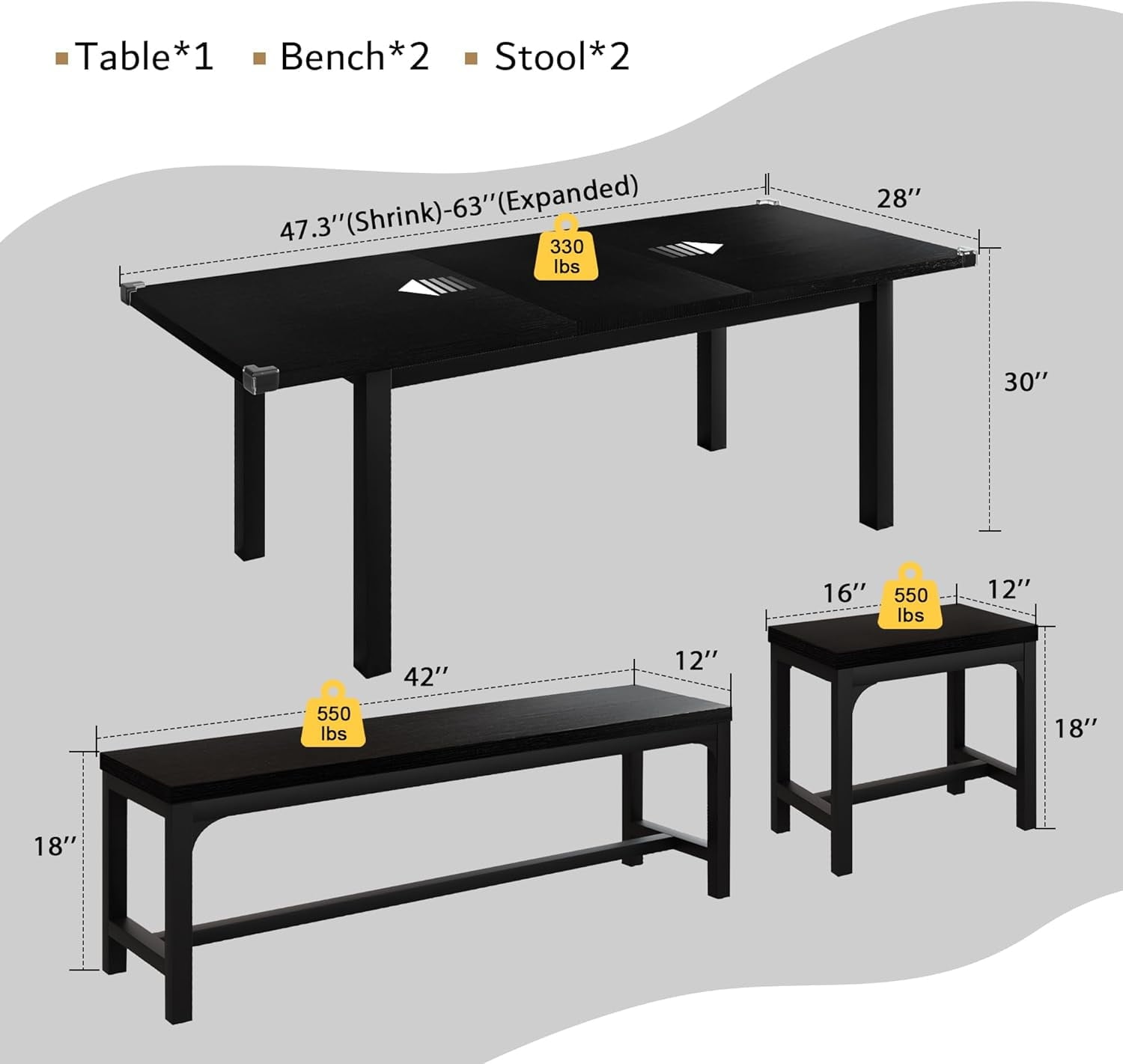 iPormis 5-Piece Dining Table Set for 4-8 People, Extendable Kitchen Table Set with 2 Benches and 2 Square Stools, Espresso