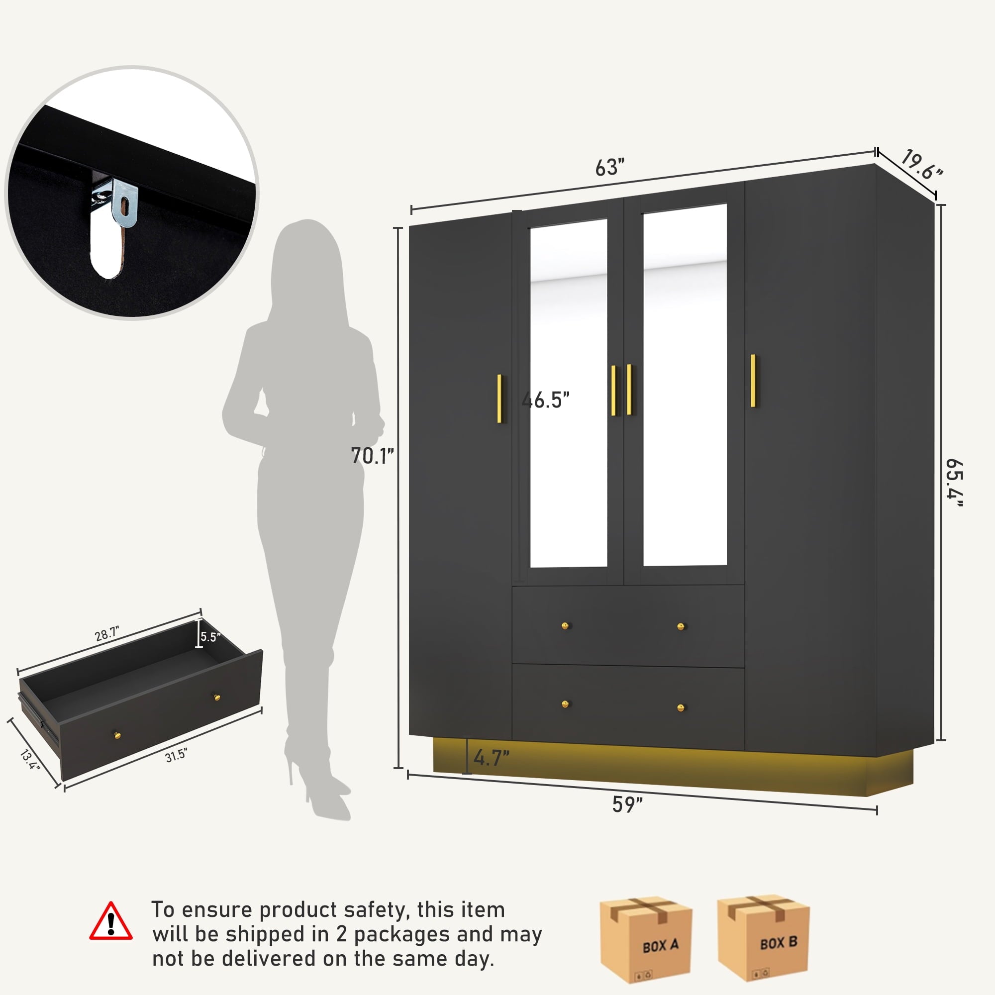 Blotout 70 Armoire Wardrobe Closet with Mirror, LED Wardrobe Armoire with 2 Drawers, 3 Door Wood Armoire Storage with Hanging Rods and Multi-Layer Shelves