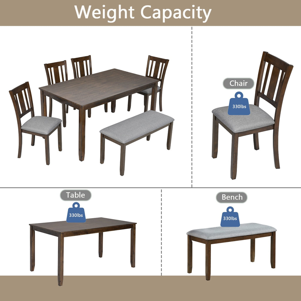 Dining Room Set, LEGAHOME 6 Piece Dining Sets with Bench and Chairs, Solid Wood Kitchen Dining Table Set for 6 with Upholstered Chairs, Gray