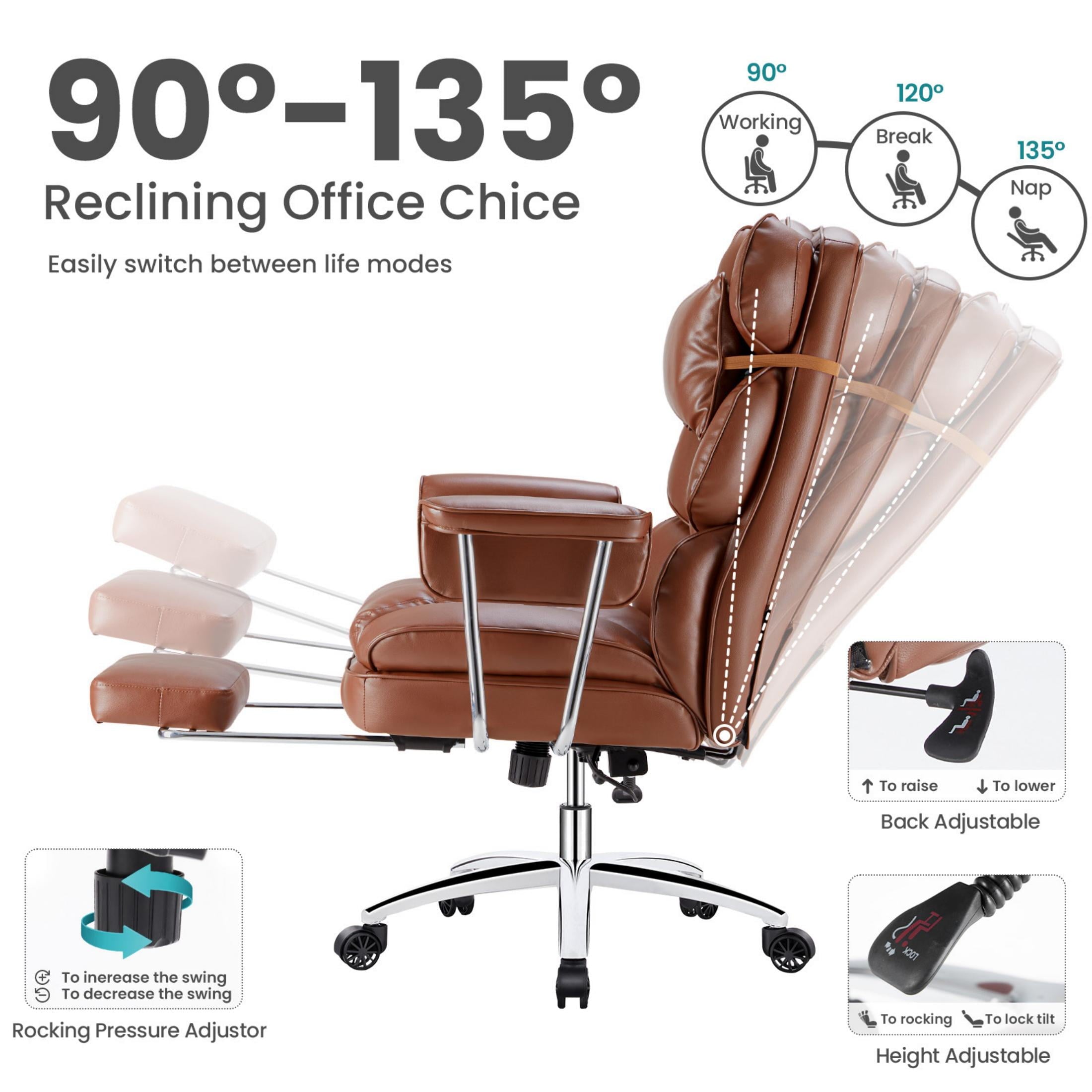 edx Executive Home Office Desk Chair, Ergonomic Big Tall High Back with Footrest & Lumbar Support, Reclining Comfy PU Leather Computer Gaming Chair with Swivel Wheels, Height Adjustable, Black