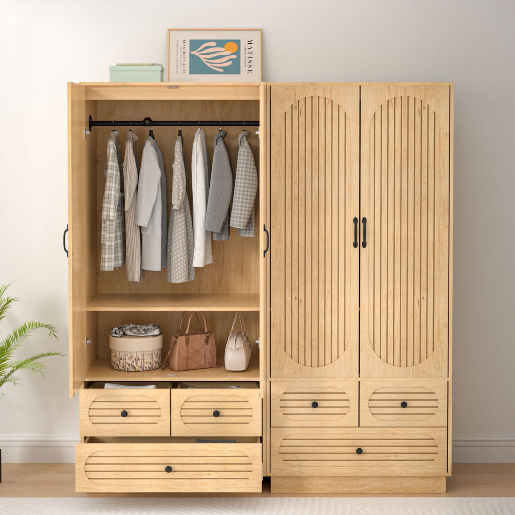 Wardrobe Closet with 2 Door & 3 Drawers, Freestanding Wooden Closet with Shelves and Hanging Rod, Bedroom