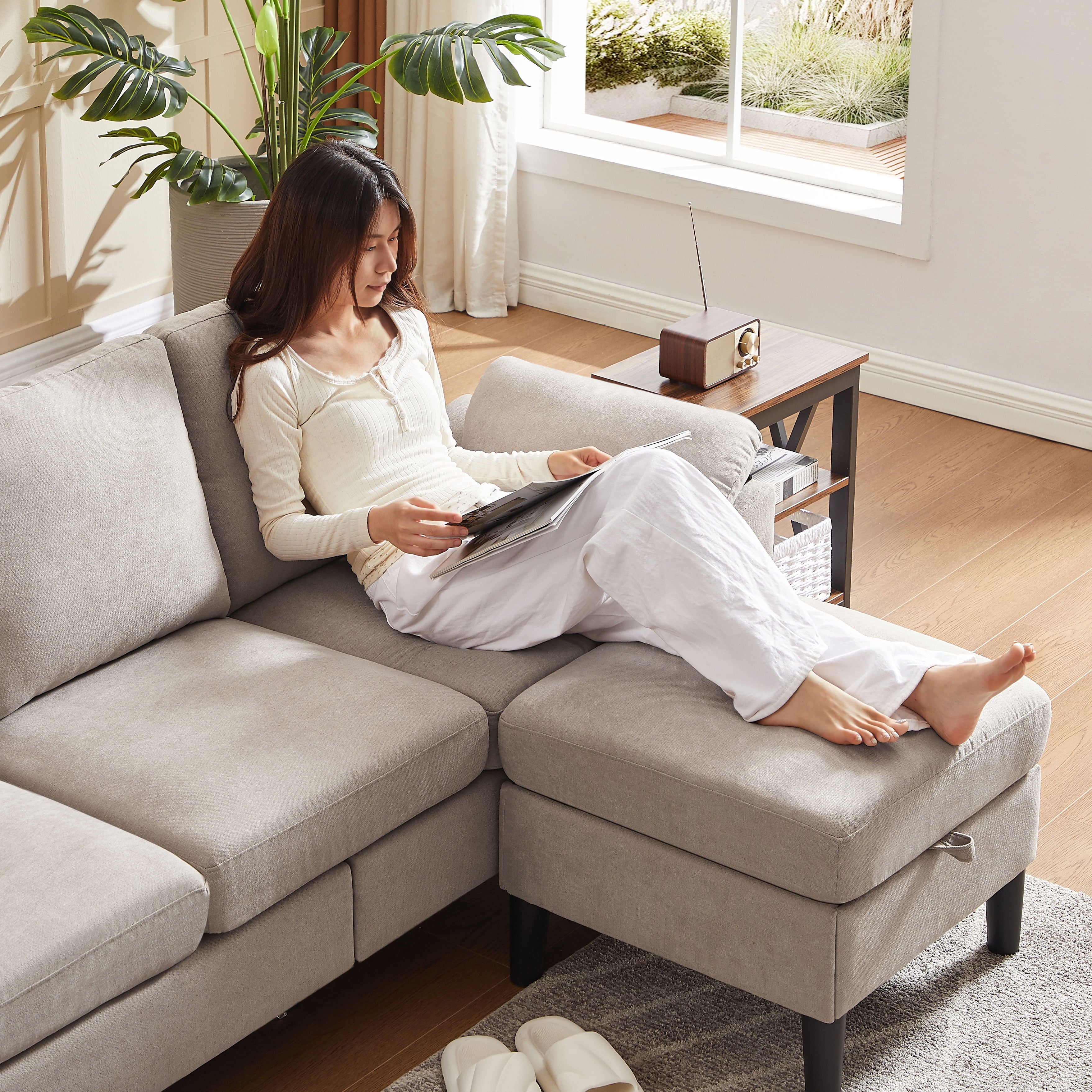 Jarenie 80 Convertible Sectional Sofa, Small L Shaped 3 Seat Couch with Reversible Storage Chaise, Modern Polyester Fabric Sofa Couches for Living Room, Apartment and Small Space, Beige