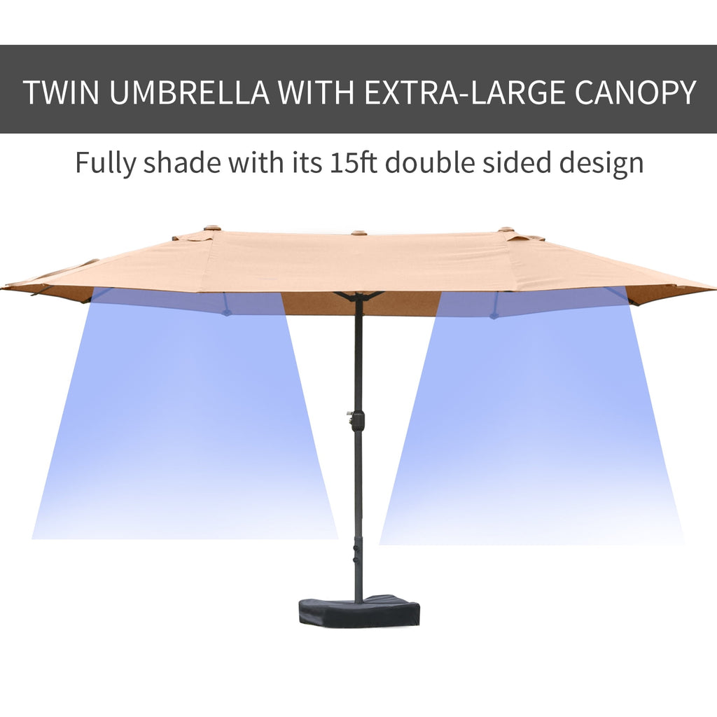 Outsunny Patio Umbrella 15' Steel Rectangular Outdoor Double Sided Market with base, Sun Protection & Easy Crank for Deck Pool Patio, Beige