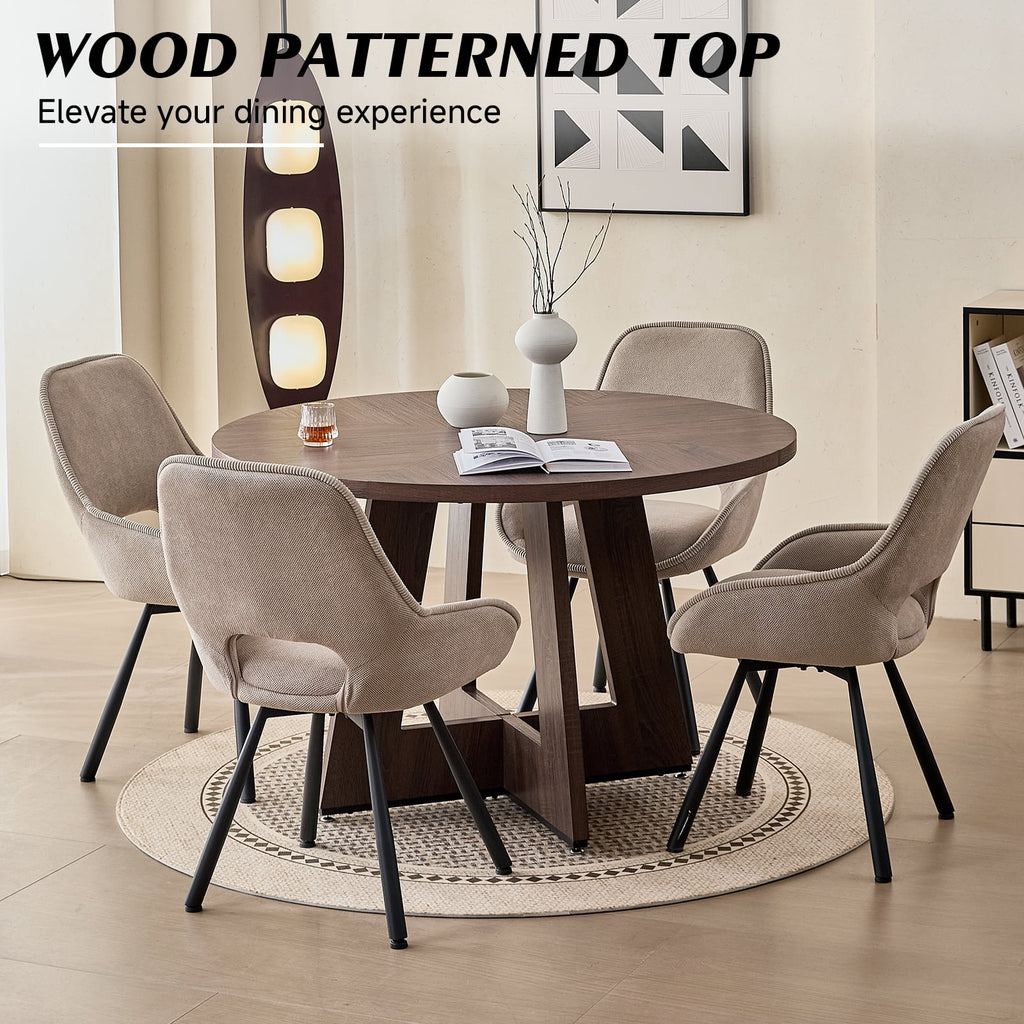 5 Piece 47'' Round Dining Table Chairs Set for 4, Farmhouse Oak Kitchen Table with 4 Boucle Mid Century Modern Dinning Room Chairs, Wood Dinner Table &Upholstered Chair Set of 4, Beige