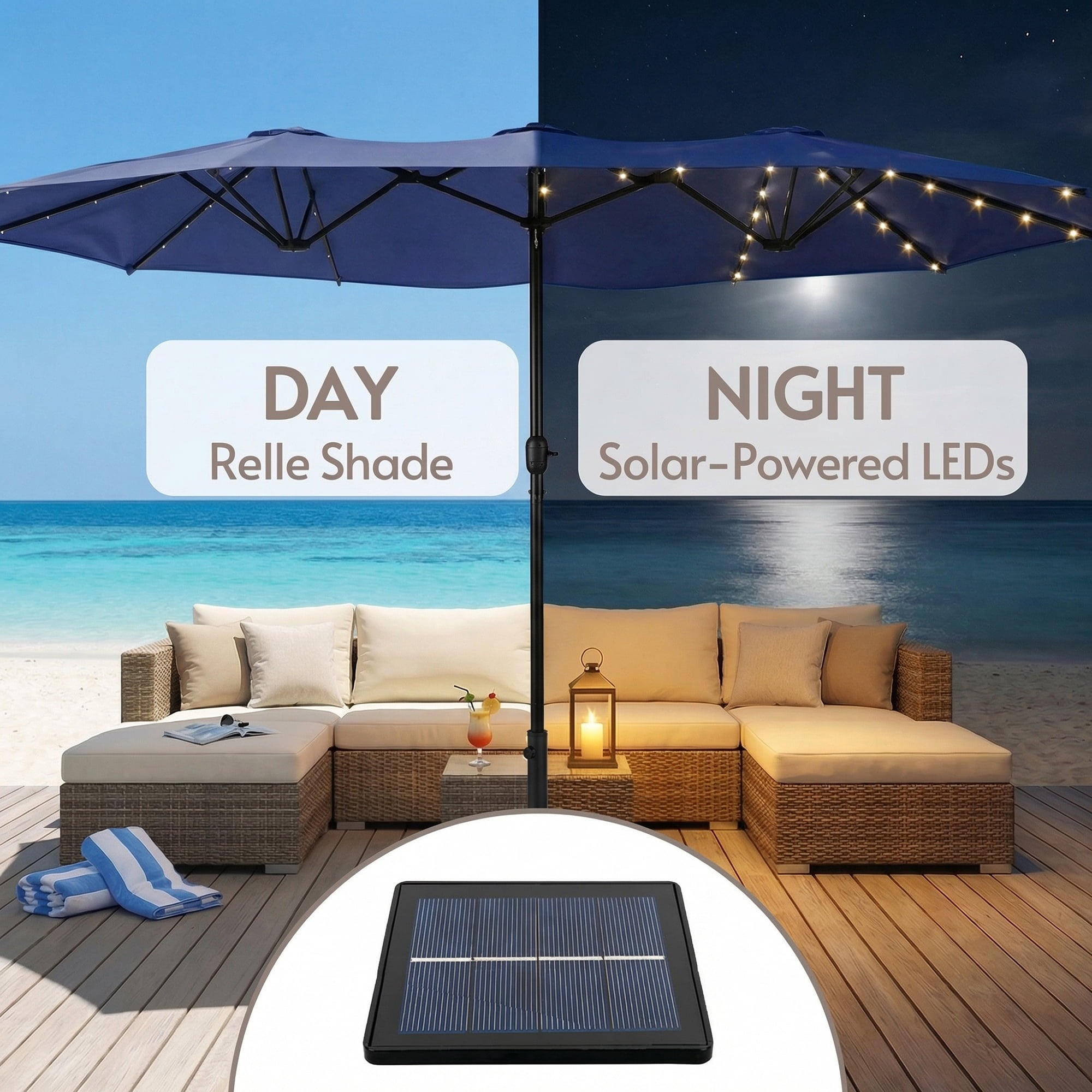 LAZZO 15ft Large Patio Umbrella with Base and Lights, Double-Sided Rectangular Outdoor Deck Umbrella, Tiki Style