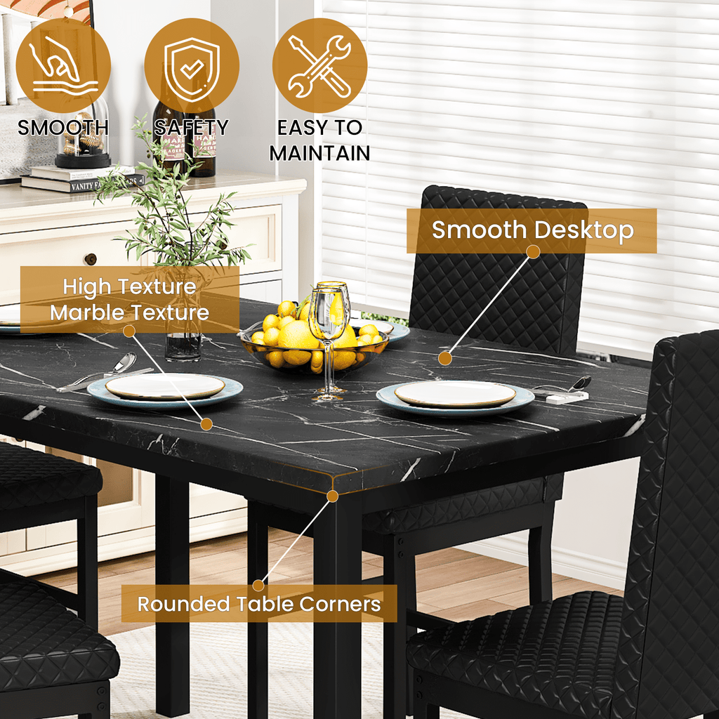 Cvortll 5 Piece Dining Table Set, Kitchen Table and Chairs Set for 4 with Faux Marble and 4 Velvet Upholstered Dining Chairs for Home, Restaurant, Black & Black