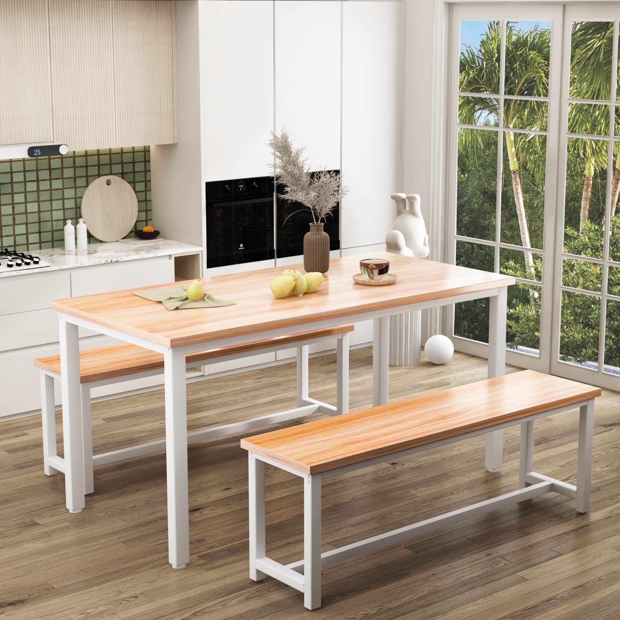 MIERES Kitchen Dining Set: Rectangular solid wood dining table with two benches, suitable for 2 to 4 people, small dining set, black