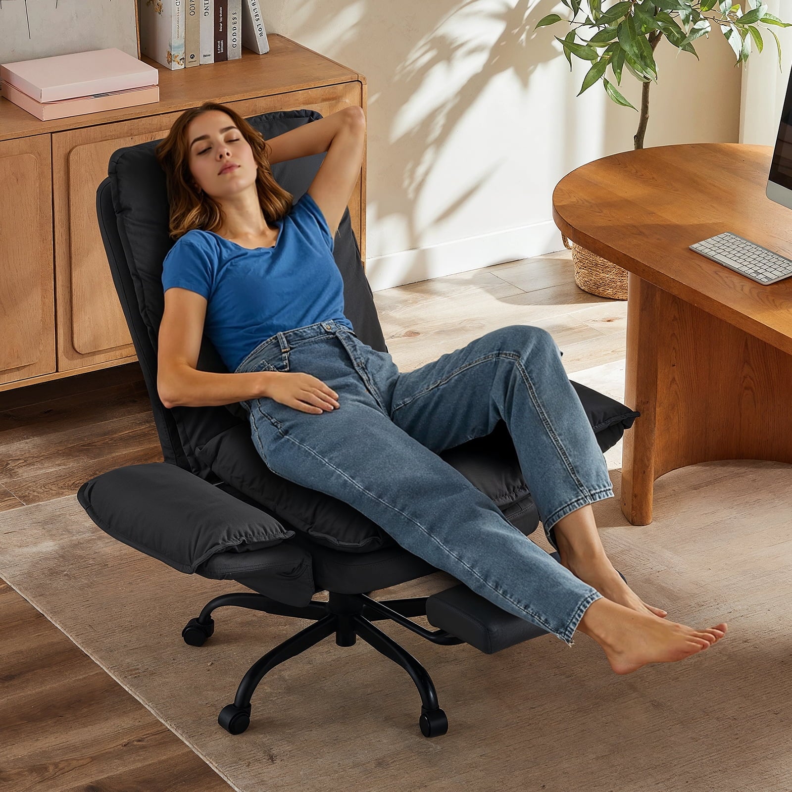 Bestier Big and Tall Executive Office Chair with Flip-up Arms for Adult, Wide Seat Ergonomic Computer Desk Chair,High Back Velvet Comfy Cross-Legged Office Chair with Footrest and Side Pockets, Black