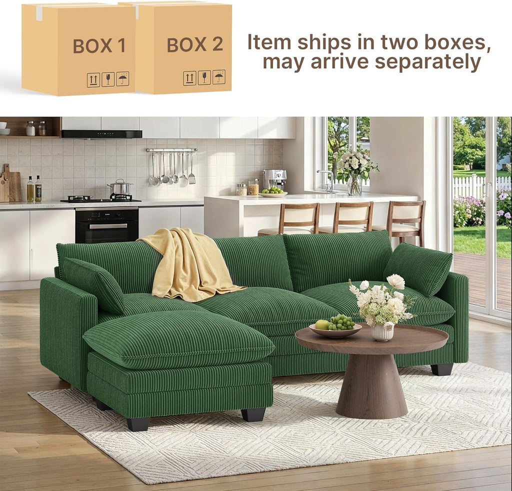 110'' Oversized L Shaped Couch for Living Room, Cloud Couches with Washable Corduroy Cover, Modern 4-Seater Comfy Deep-Seat Sofa with Movable Ottoman and 2 Throw Pillows for Apartment, Gray