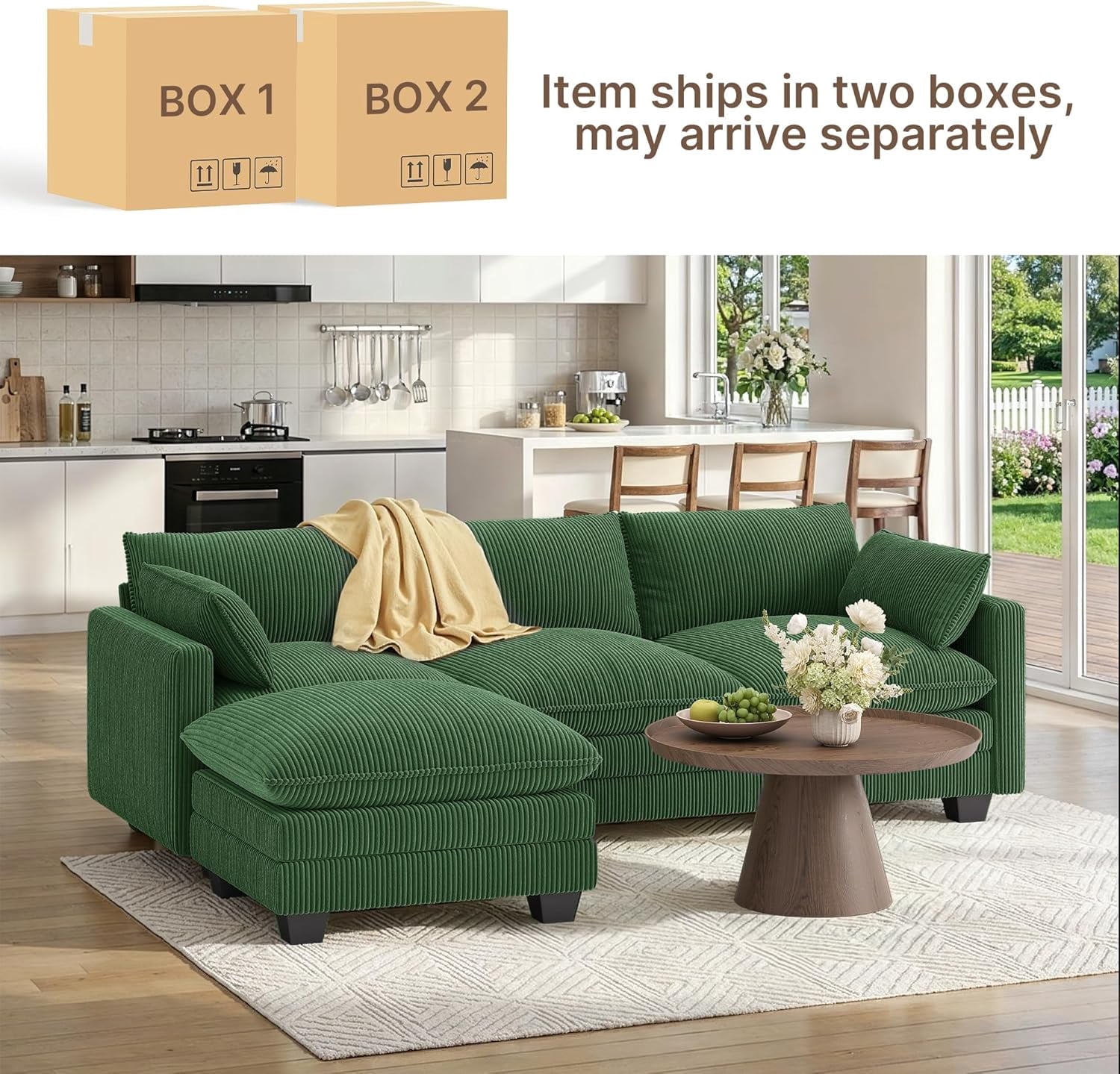110'' Oversized L Shaped Couch for Living Room, Cloud Couches with Washable Corduroy Cover, Modern 4-Seater Comfy Deep-Seat Sofa with Movable Ottoman and 2 Throw Pillows for Apartment, Gray