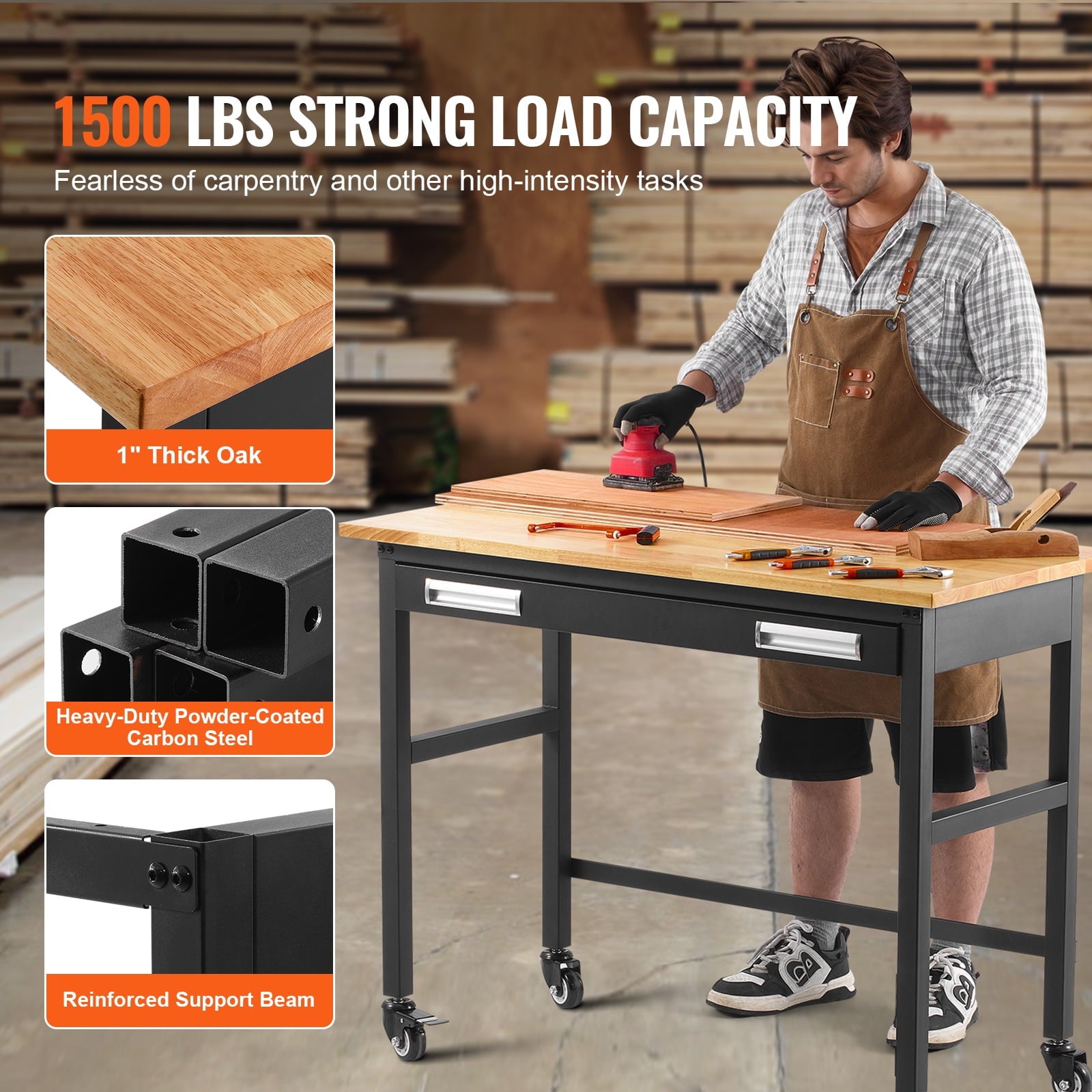 VEVOR 48-inch Workbench, 1500 lbs Load Capacity, Garage Workbench with Drawer Storage & Wheels, Workshop Bench on Wheels, Heavy Duty Oak Wood Top Work Table for Garage, Workshop, Office, and Home
