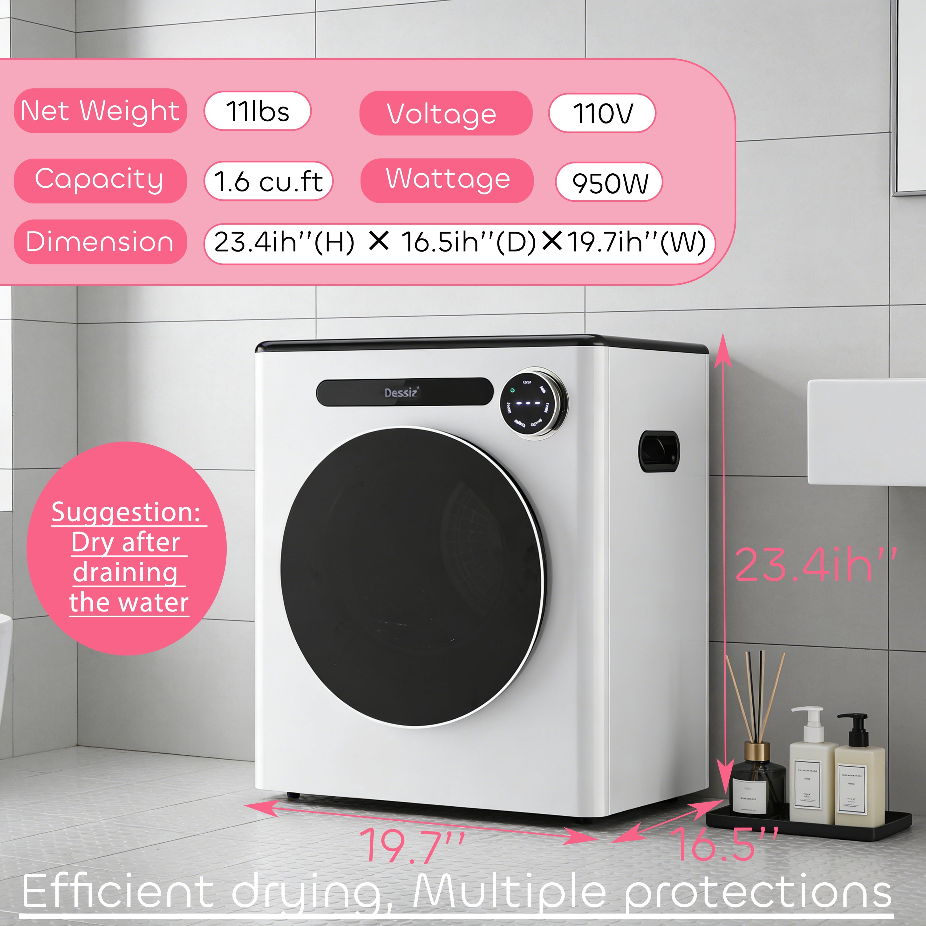 Dessiz 1.6 Cu.Ft.,11LBS Dryer 950W portable Clothes Dryer Machine with Stainless Steel Drum and Exhaust Hose,Compact Dryer for RVs, Apartments,Dorm Rooms- Quiet, Sturdy,Easy to Use and LED Display