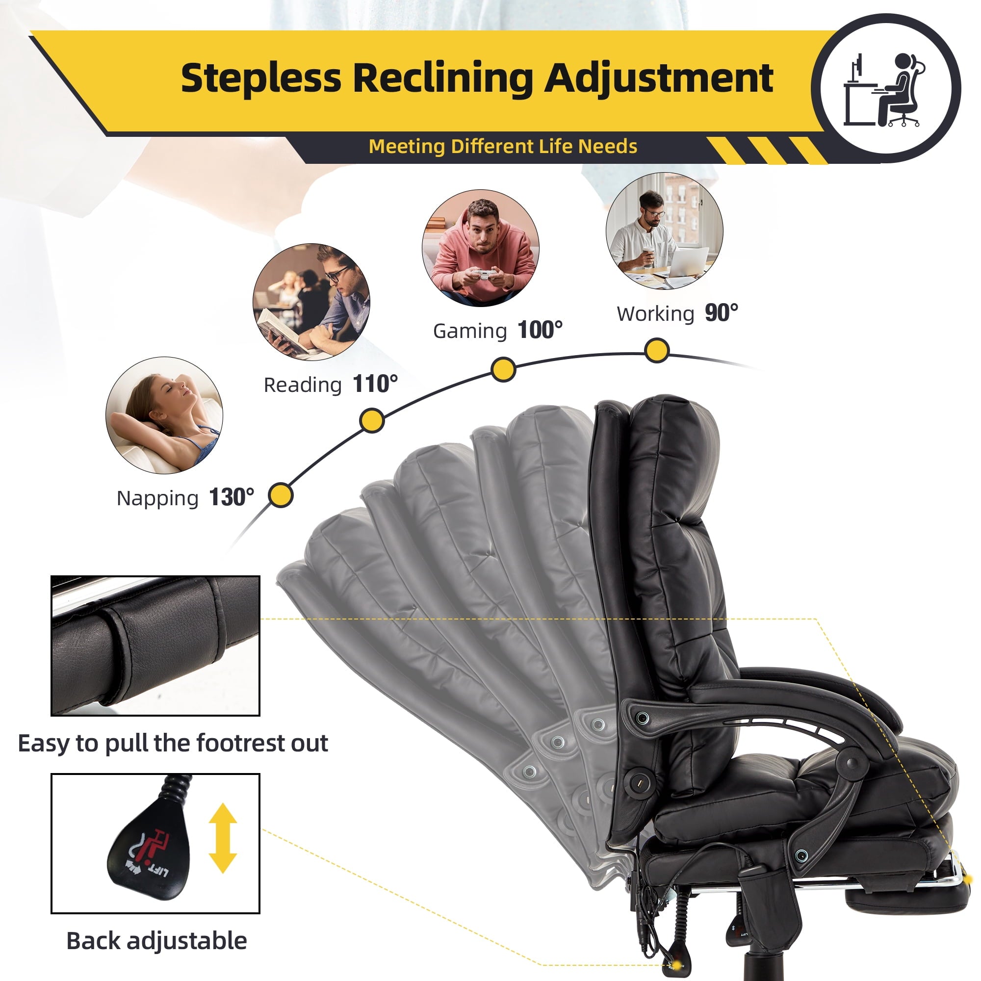 HOMREST Ergonomic Office Chair with 6-Point Massage & Heating, Adjustable Executive Desk Chair with Retractable Footrest, PU Leather Home Office Desk Chair for Home & Office (Black)