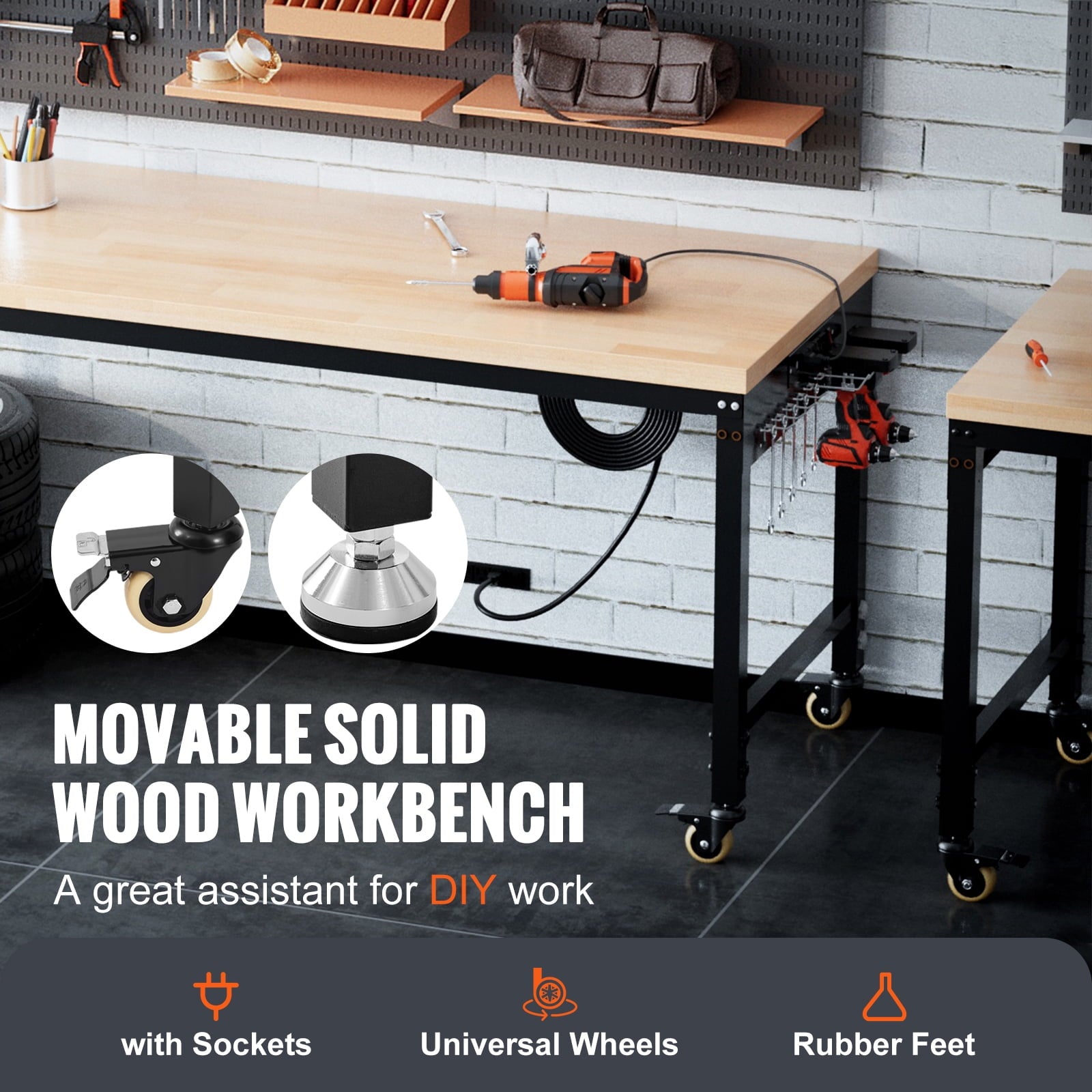 KFFKFF Movable Workstation, 72 L X 25 W, Equipped with Universal Casters, Adjustable Heights from 28-39.5, Can Bear Up to 3000 LBS, Comes with Power Sockets