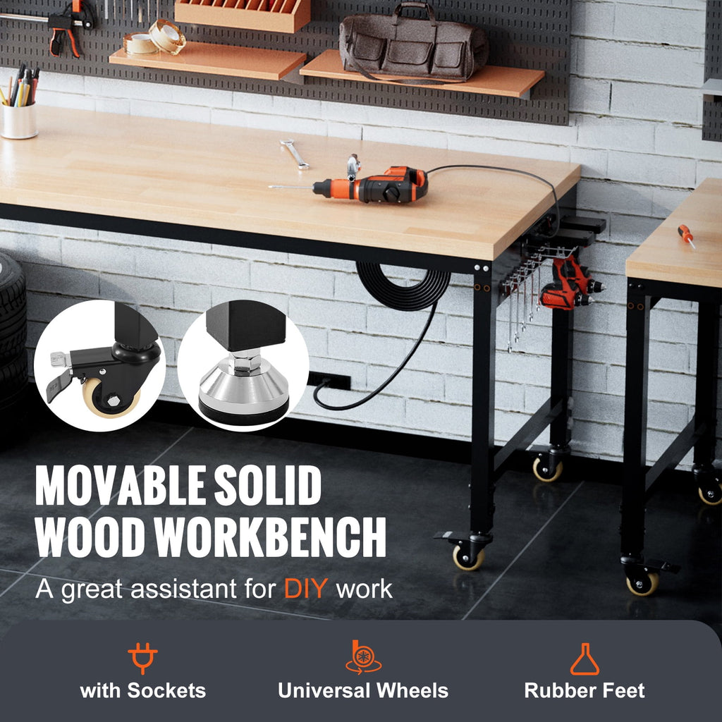 KFFKFF Adjustable Height Workbench 72L x 25W Work Bench Table w/ Power Outlets