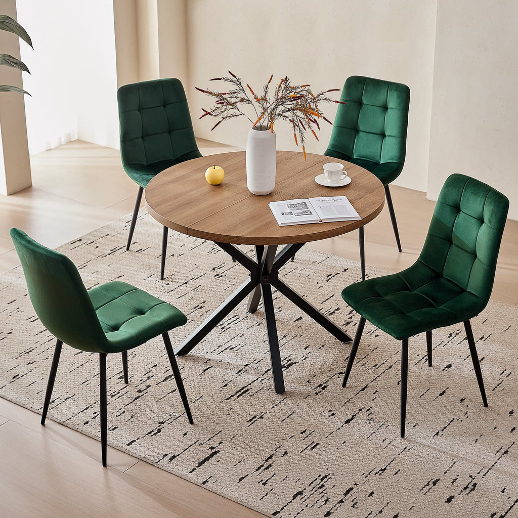 5 Piece 39 Round Dining Table Set for 4, Mid Century Kitchen Table with 4 Khaki Fabric Upholstered Dining Chairs for Apartment Living Room, Space Saving Table.