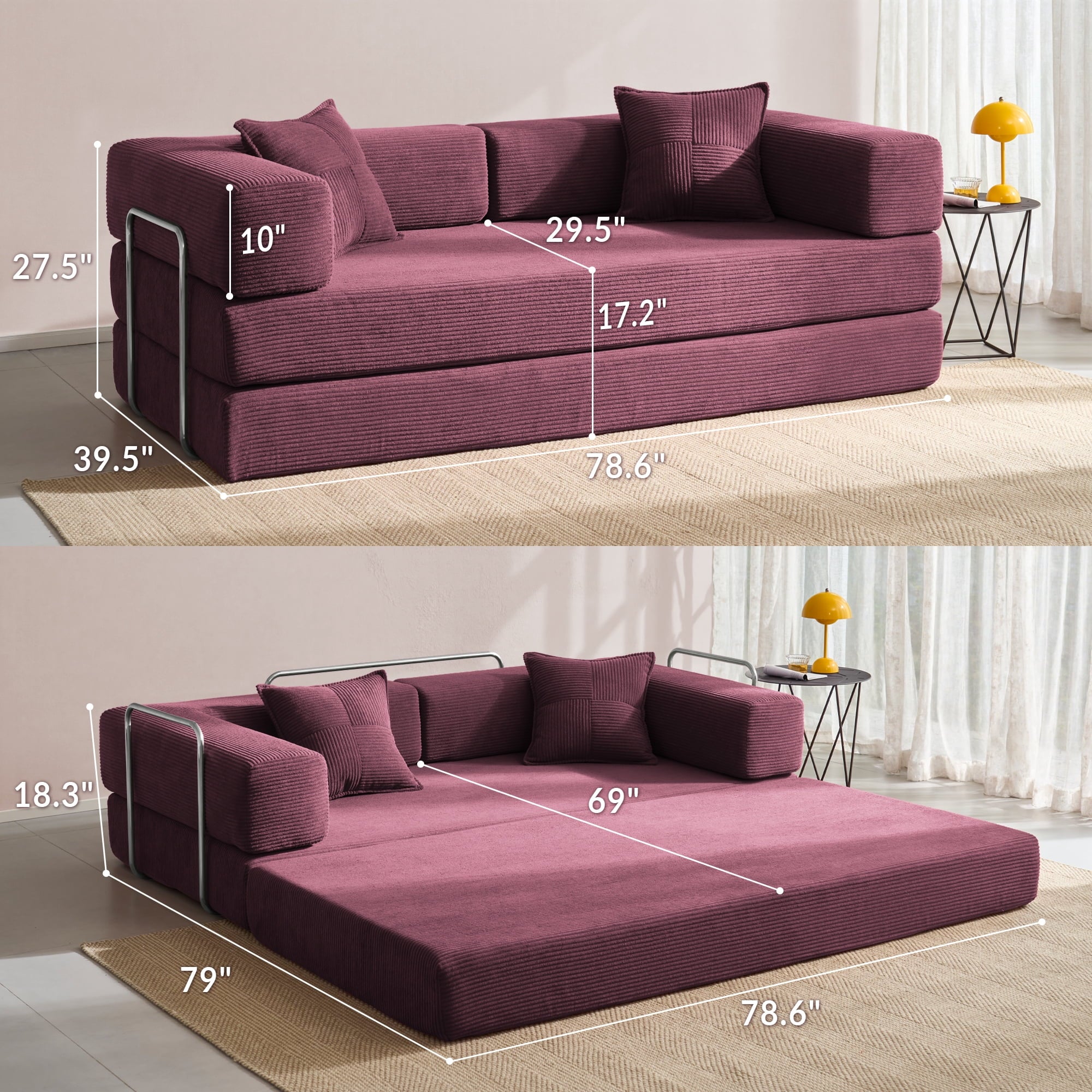 YINIX 78,6 Convertible Sofa Couch with 2 Pillows, Sleeper Sofa Bed for Living Room, Small Spaces, Orange