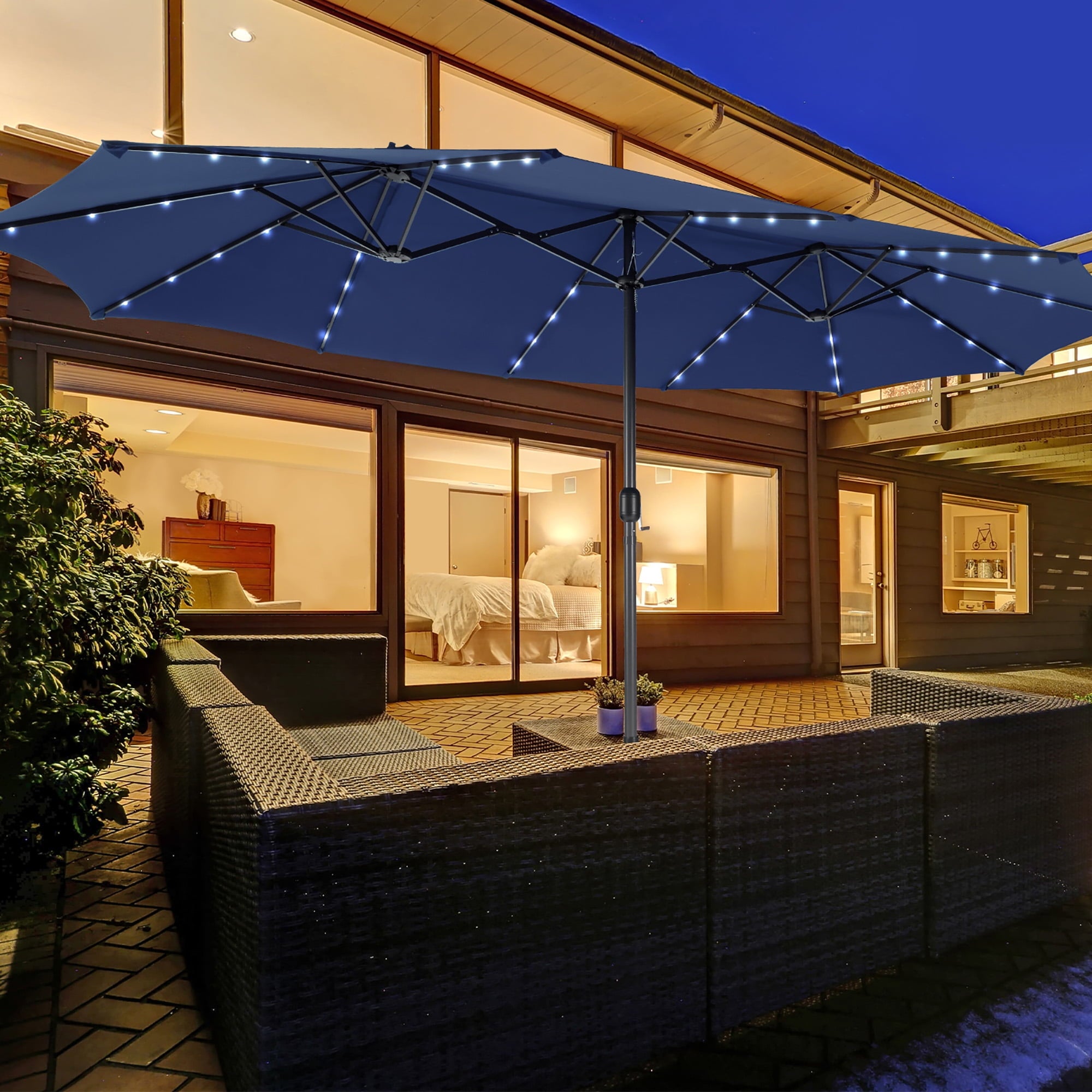 Gymax Outdoor 15' Double-Sided Patio Umbrella 48 Solar LED Lights Crank & Base Coffee