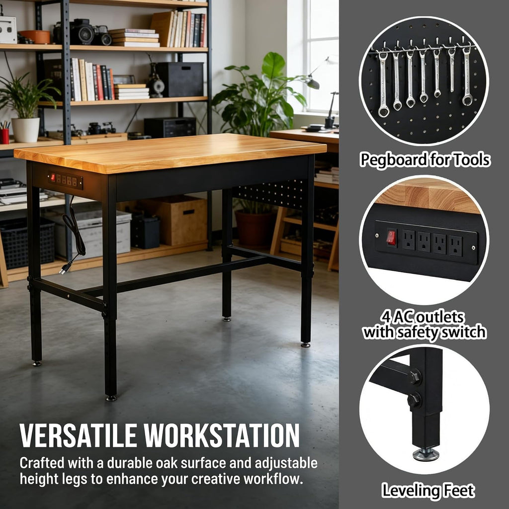 60 Inch Adjustable Workbench with Power Outlet, 2500 LBS Heavy Duty Double-Layer Workbench with Hardwood Top, 6-Level Height Adjustable Garage Work Table with Wheels, Rolling Workstation for Workshop