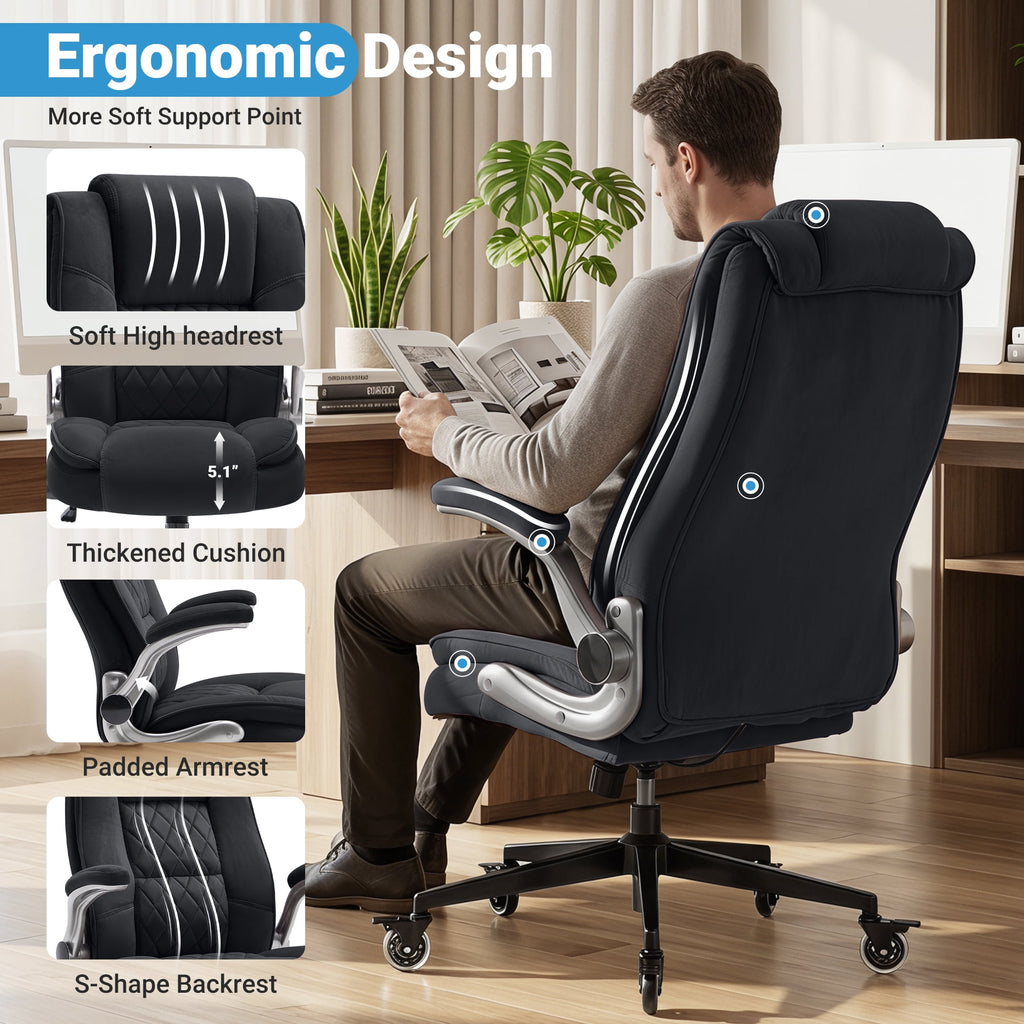 Ergonomic Home Office Chair with Locking Wheels, High-back Desk Chair with Thick Padded Flip-up Armrest, Comfy Executive Chair with Adjustable Lumbar Support for Home & Office & Work