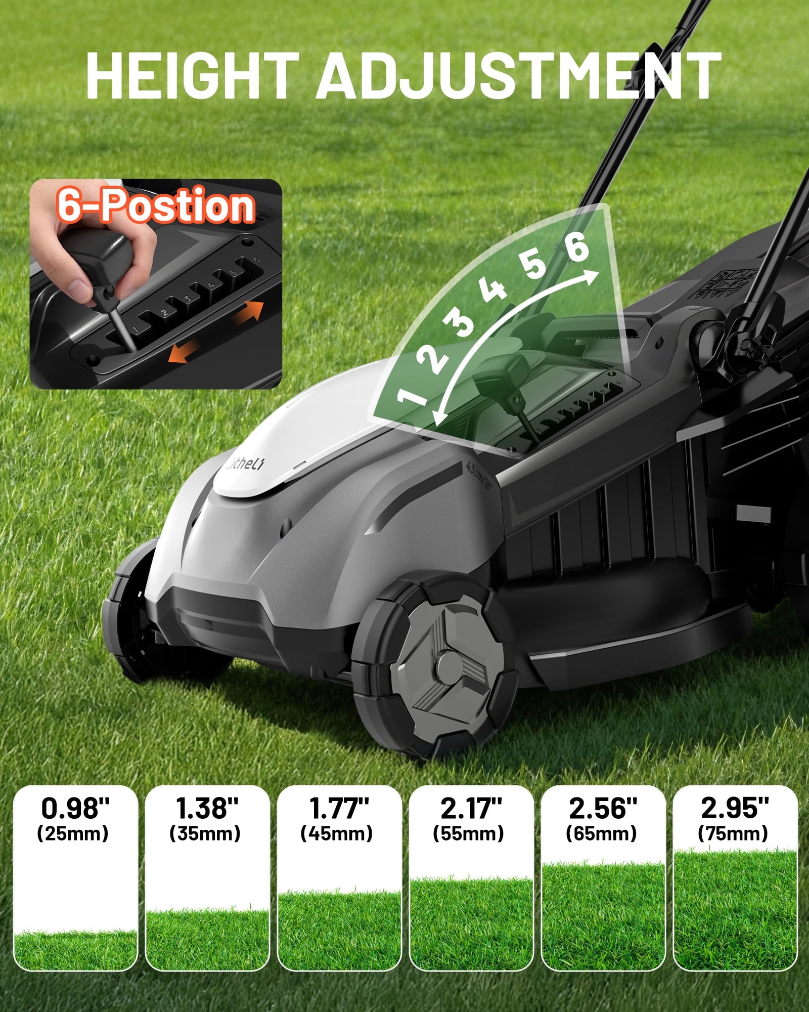 Litheli 40V Cordless Electric Lawn Mower, 17-Inch, Self-Propelled, Brushless Motor, 6-Position Height Adjustment, with 2 x 5.0Ah Battery, for Lawns & Gardens