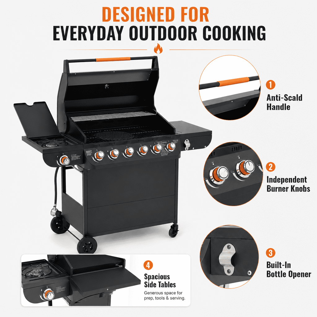 72,000 BTU Gas Grills Clearance, 6-Burner Propane BBQ Grill with Side Burner, 650 Sq.In Cooking Area, Cast Iron Grates, Warming Rack, Thermometer, Outdoor Grill for Patio Backyard