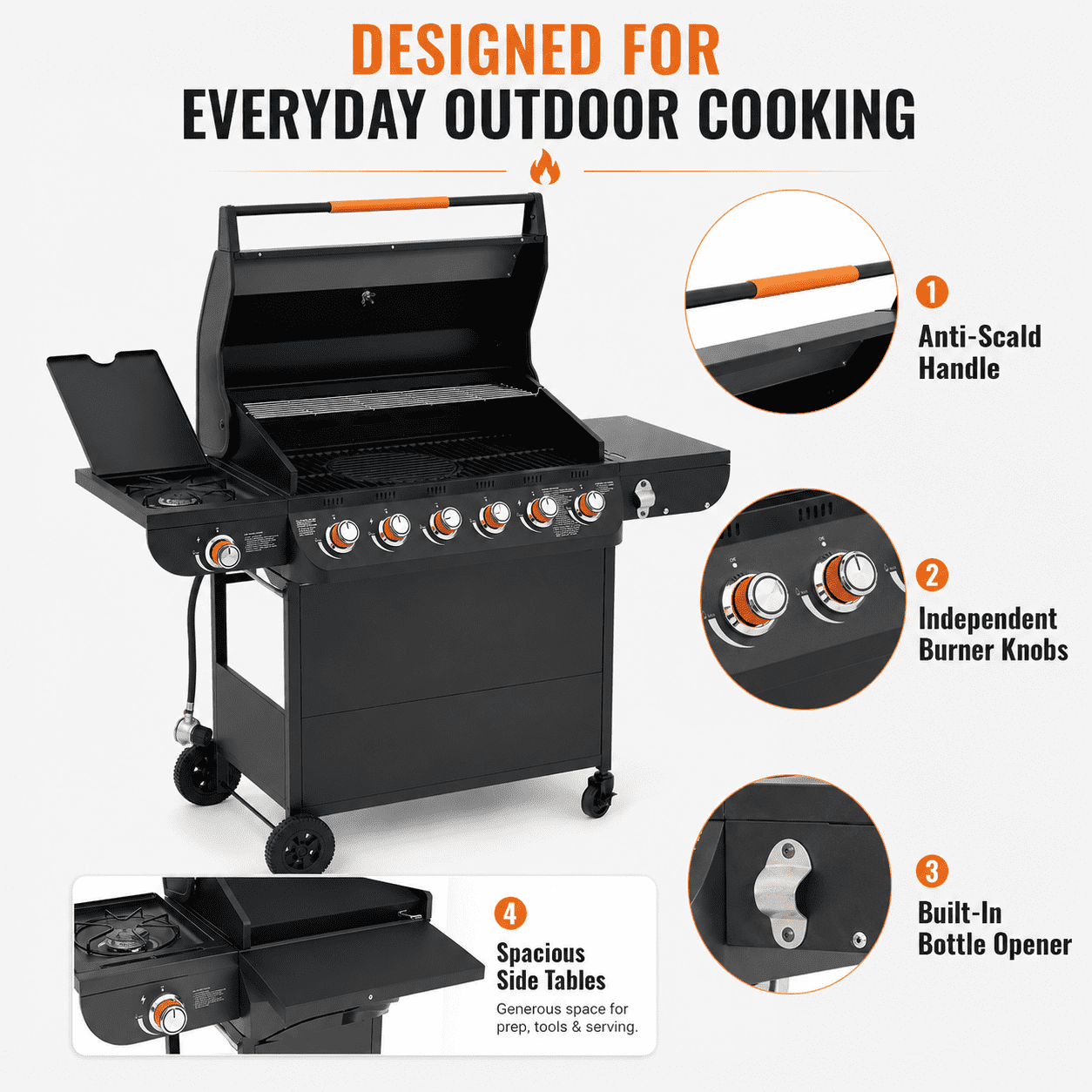 72,000 BTU Gas Grills Clearance, 6-Burner Propane BBQ Grill with Side Burner, 650 Sq.In Cooking Area, Cast Iron Grates, Warming Rack, Thermometer, Outdoor Grill for Patio Backyard
