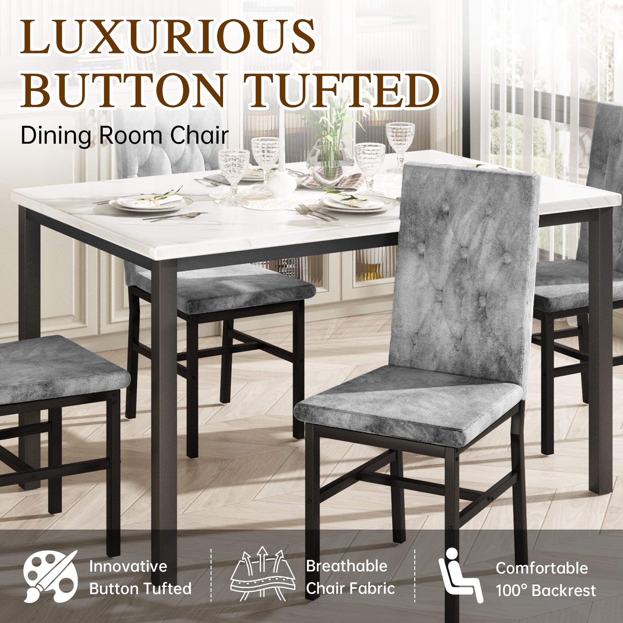 Baxluxe Dining Table Set for 4, Space Saving Rectangle Dining Table with 4 Velvet Dining Chairs, Faux Marble Kitchen Table and Chairs Set, Modern Dining Room Set for Kitchen, Pub, Beige+Gray