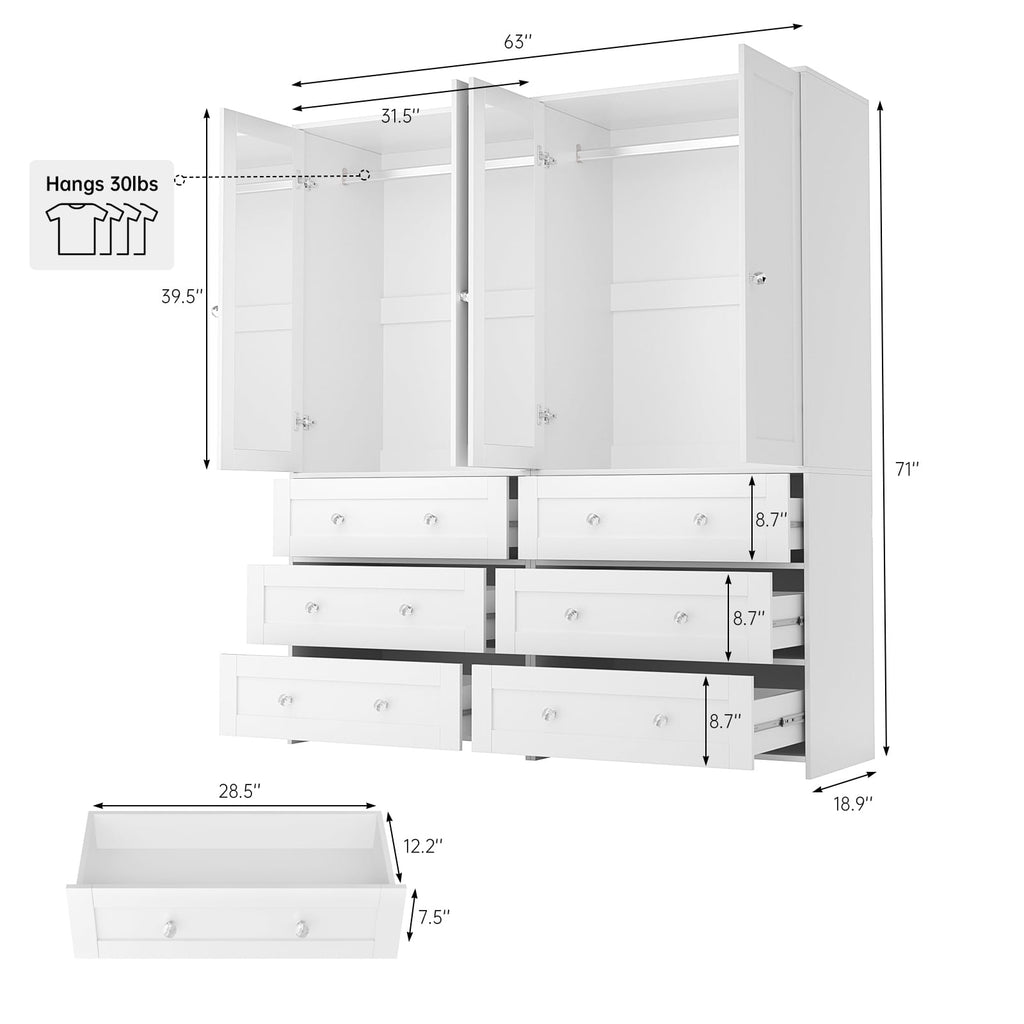 Richya Wooden Freestanding Wardrobe Closet Cabinet with 3 Drawers,Modern Wood Closet Storage Cabinet for Bedroom