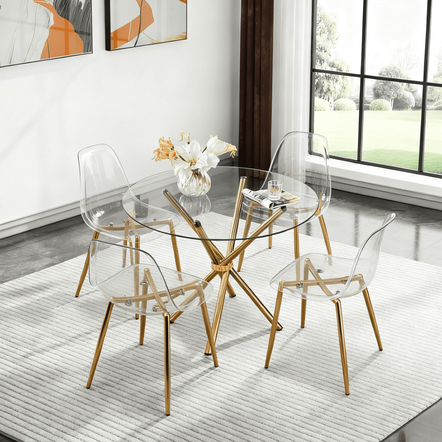 LUFTUT 36.6 Round Glass Dining Table, Modern Gold Base Kitchen Table, Small Space Bistro Table, Clear Tempered Glass Top for Apartmen