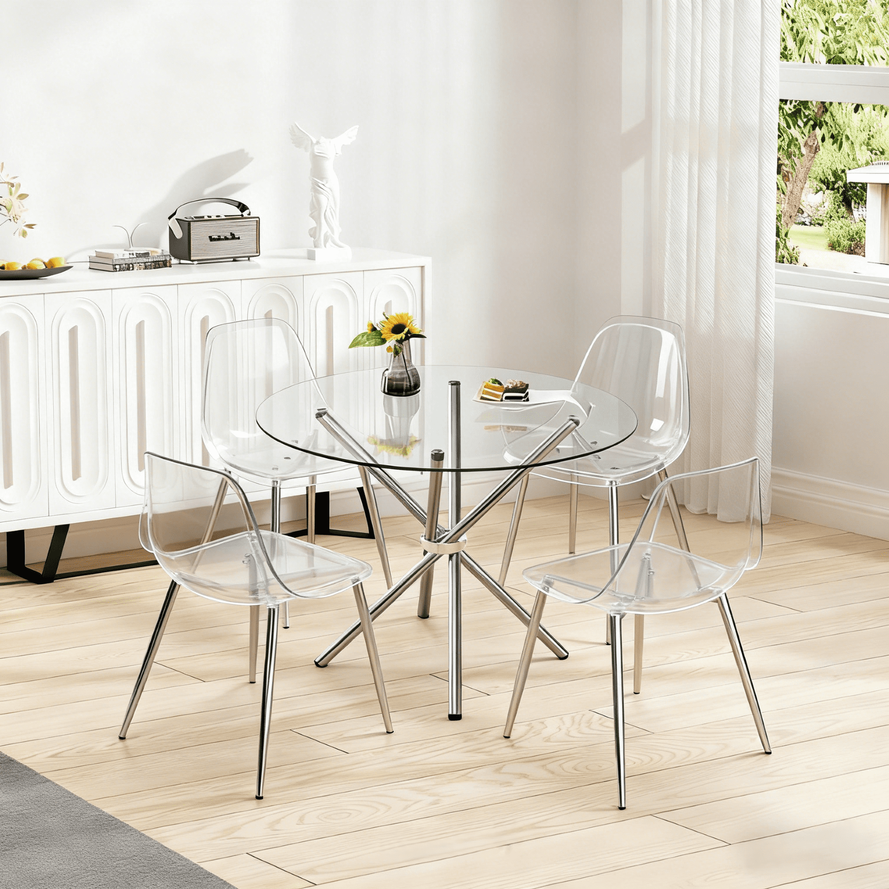 LUFTUT 36.6 Round Glass Dining Table, Modern Gold Base Kitchen Table, Small Space Bistro Table, Clear Tempered Glass Top for Apartmen