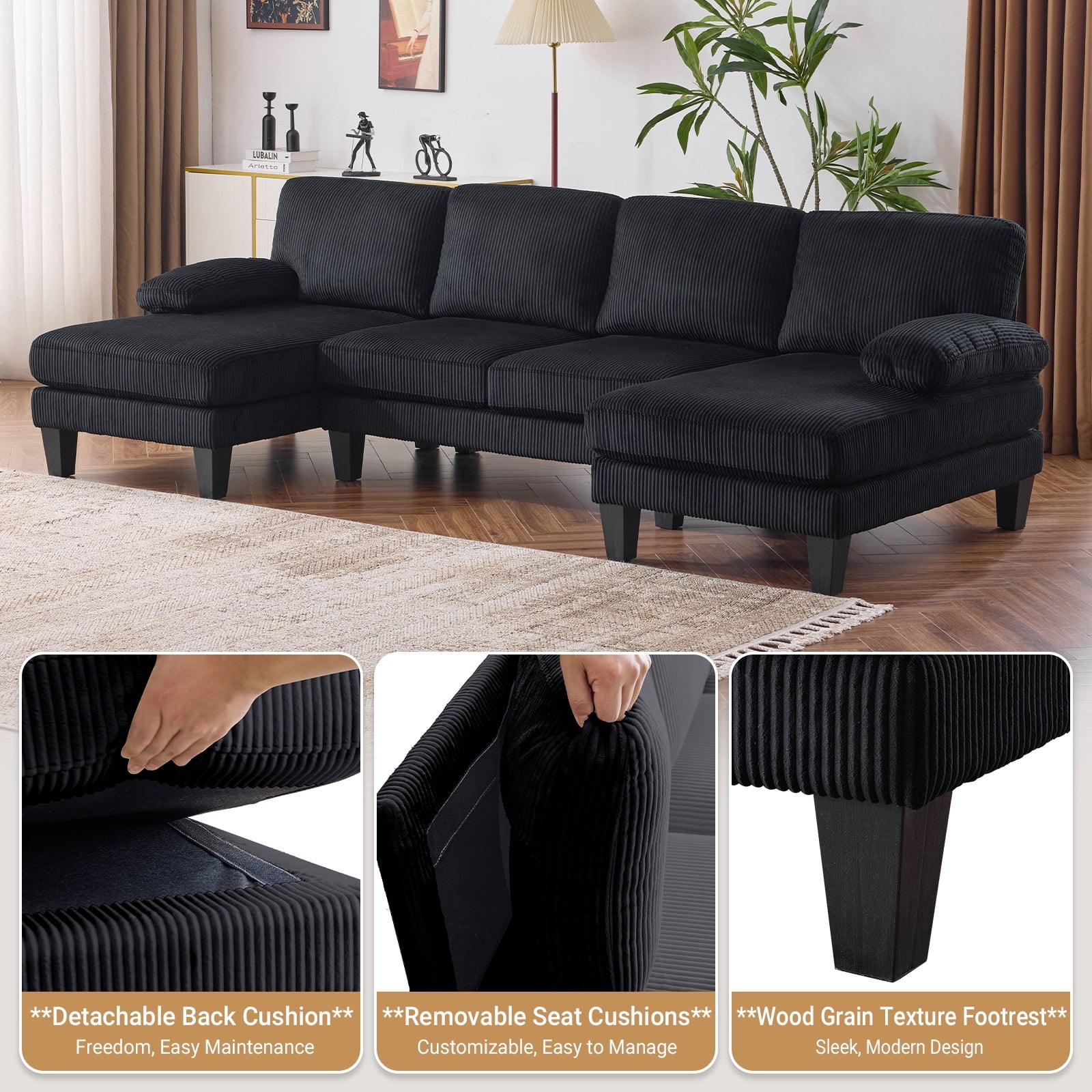 Ktaxon U-Shaped Sectional Sofa, 111  Chenille Couch, 4 Seat Lounge Sleeper with Double Chaise for Living Room Black