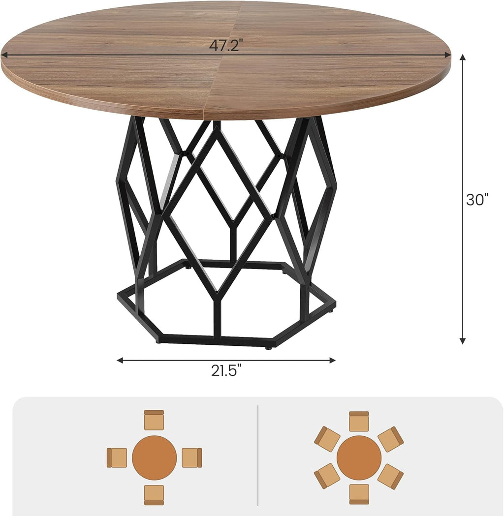 M optimized Round Dining Table for 4-6 People, 47 Farmhouse Kitchen Table, Modern Circle Dinner Table with Sturdy Base, Industrial Wood Dinning Room Table for Kitchen