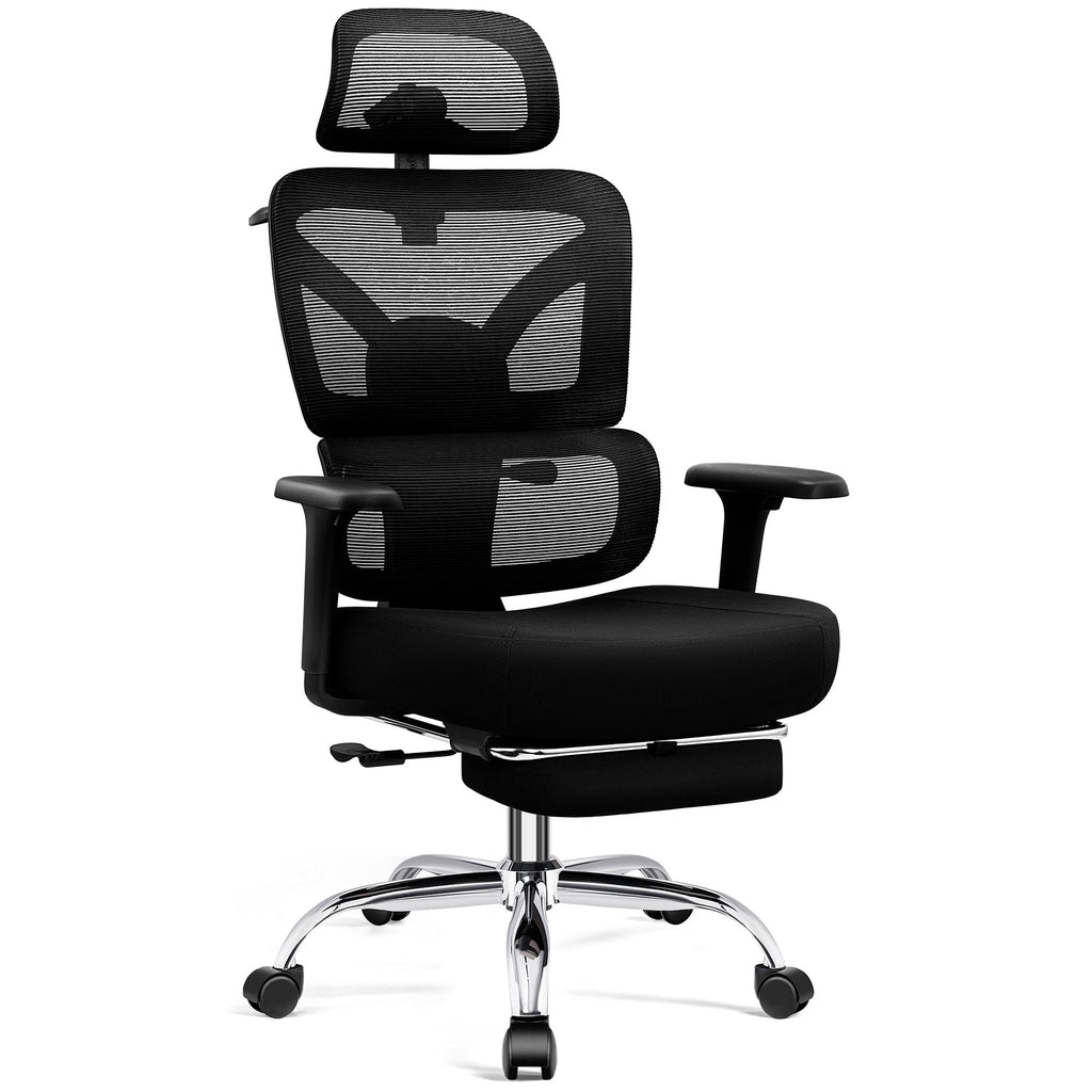 COOLHUT Ergonomic Mesh Office Chair with Footrest, Big and Tall Computer Desk Chair with Adjustable Lumbar Support, Headrest and Armrest, High Back Home Office Chair for Workspace, 300LBS, Black