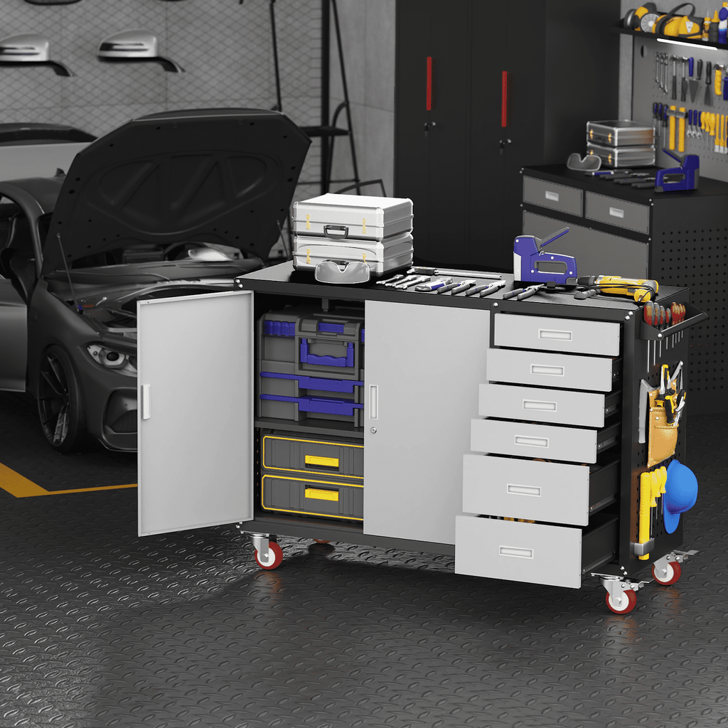 55 W Rolling Workbench with 6 Drawers and Storage Cabinet,1000 LB Capacity Heavy Duty Work Bench with Pegboard and Adjustable Shelf,Garage Workbench with Wheels for Repair Shop/Workshop