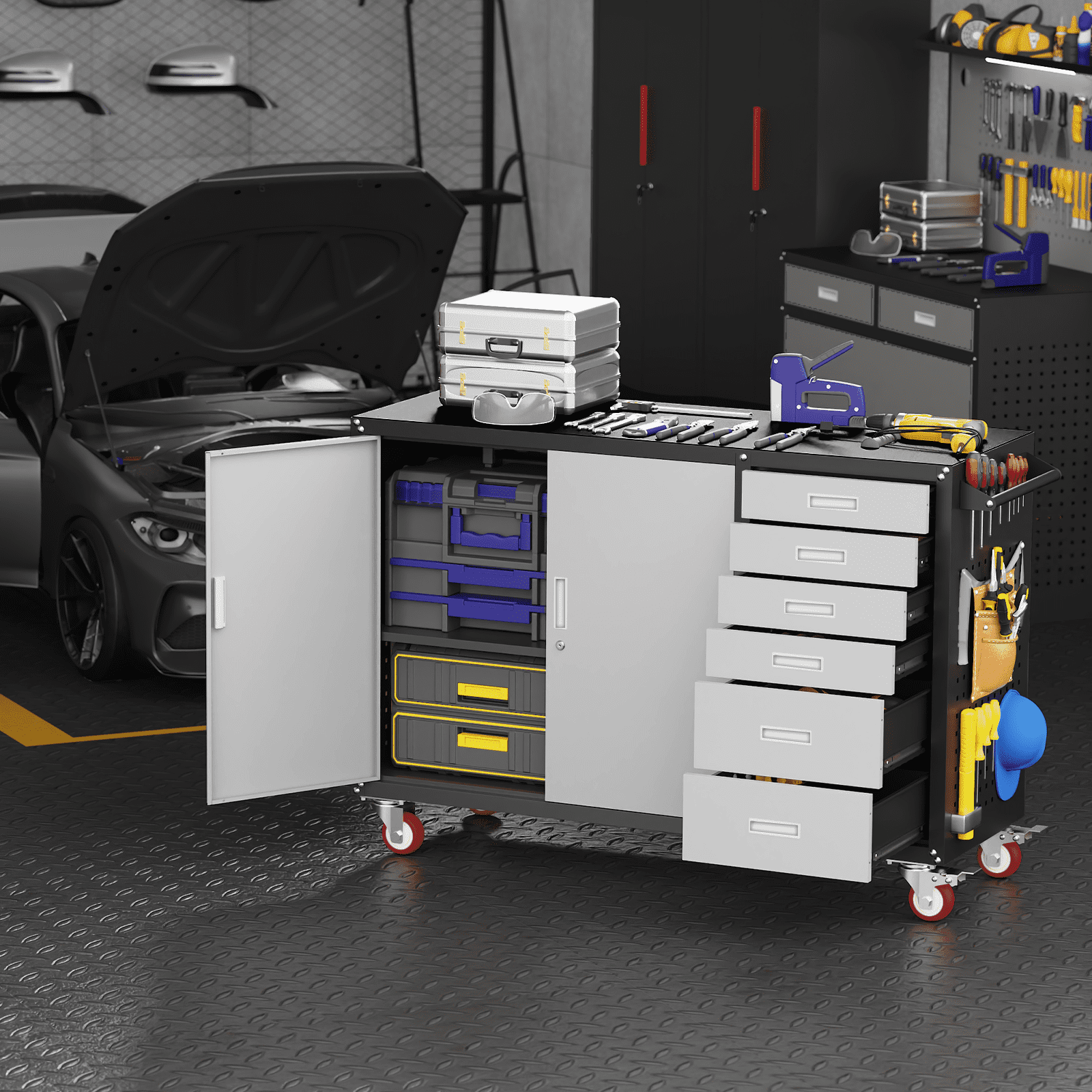 55 W Rolling Workbench with 6 Drawers and Storage Cabinet,1000 LB Capacity Heavy Duty Work Bench with Pegboard and Adjustable Shelf,Garage Workbench with Wheels for Repair Shop/Workshop