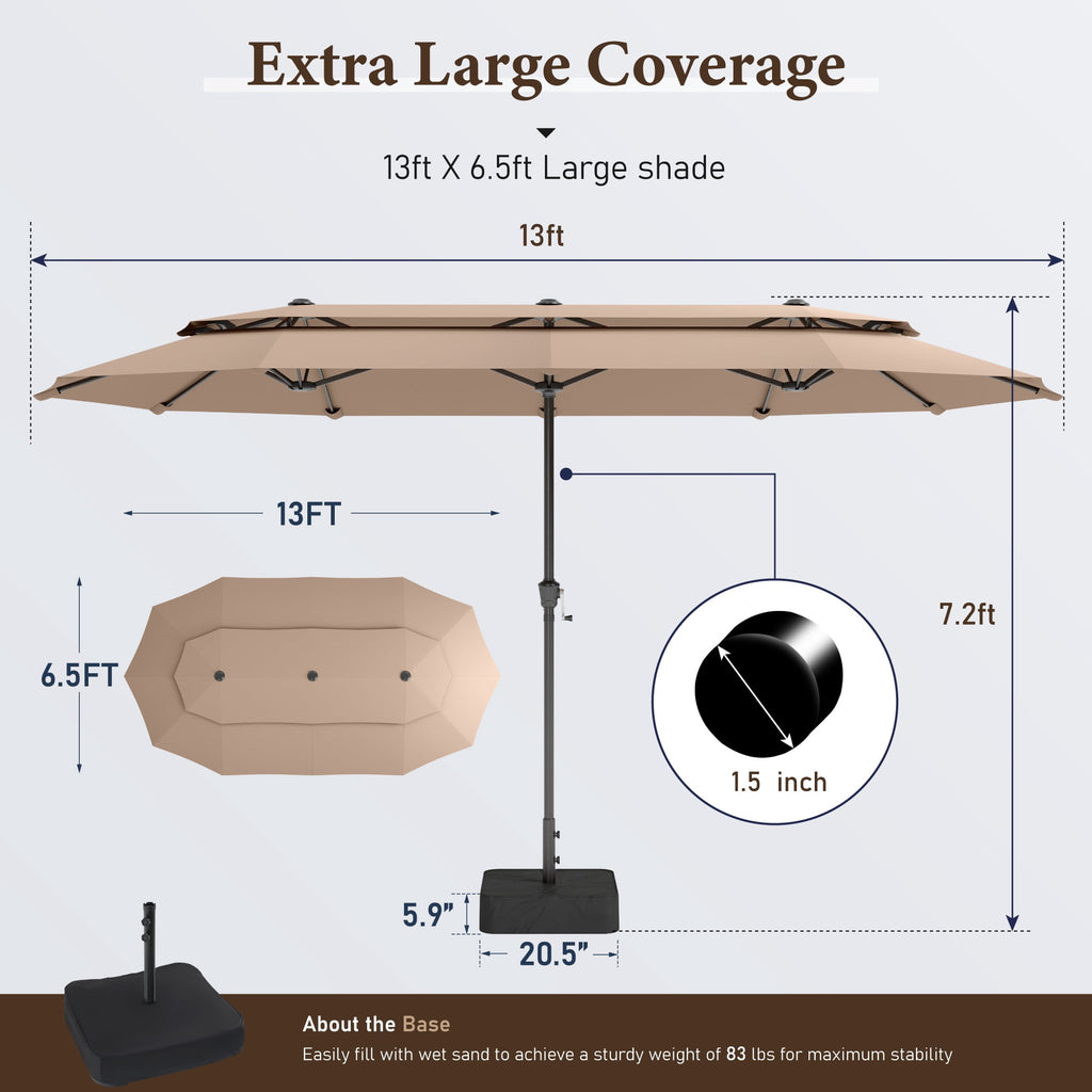SUMMIT LIVING 13FT Patio Umbrella with Base Included - Double-Vented Rectangle Outdoor Market Umbrella for Patio - Beige