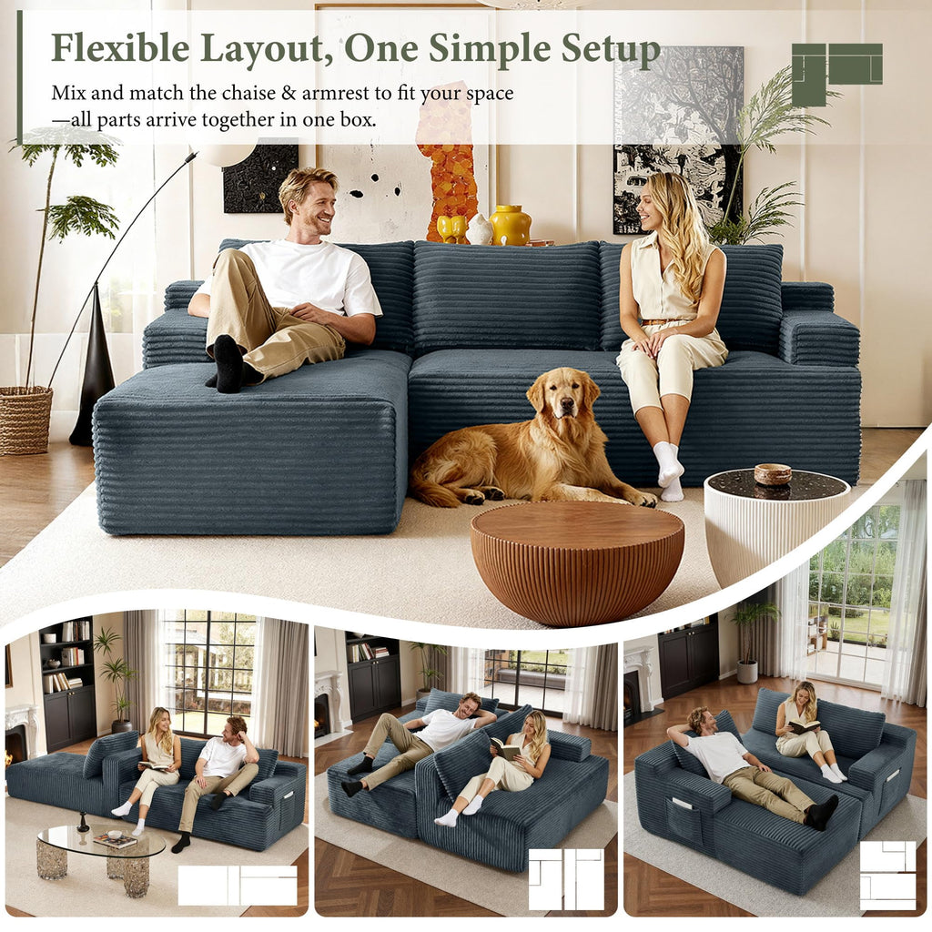 96 L-Shaped Sectional Couches for Living Room, Modular Cloud Couch with Chaise, Corduroy Deep Seat Boneless Sofa, No Assembly, Black