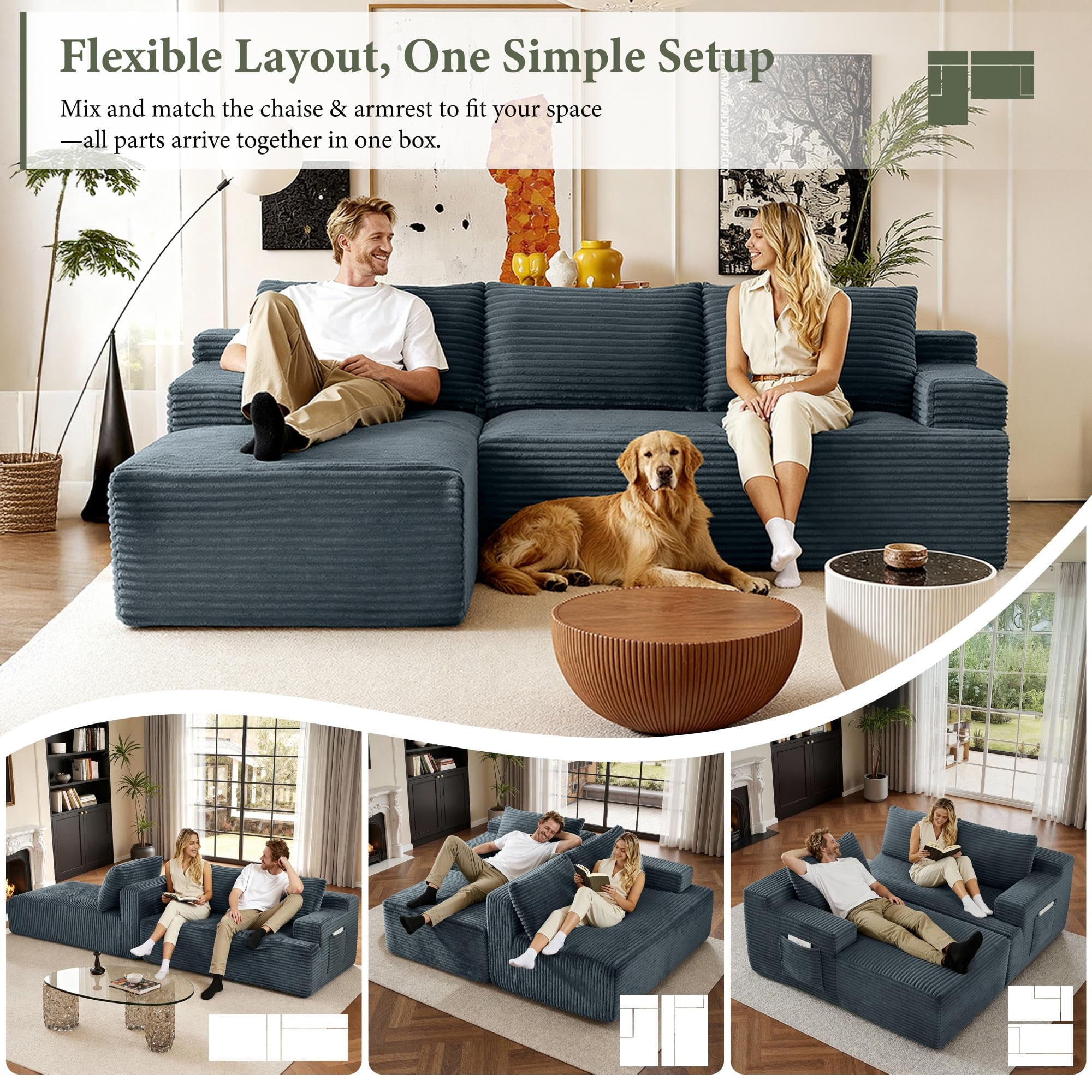 96 L-Shaped Sectional Couches for Living Room, Modular Cloud Couch with Chaise, Corduroy Deep Seat Boneless Sofa, No Assembly, Black