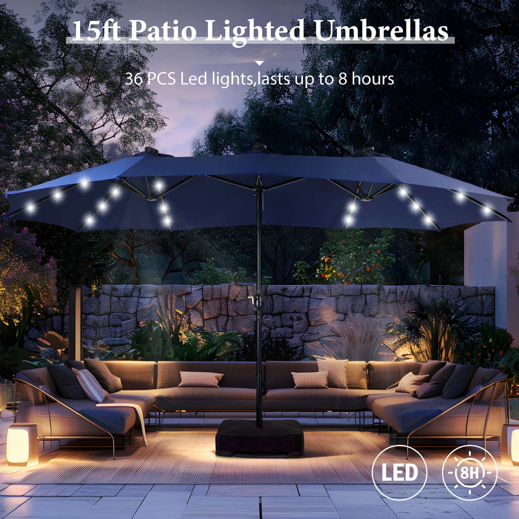 SUMMIT LIVING 15ft Double-Sided Solar Patio Umbrella with Base (Included) Large Outdoor Umbrella with Solar Lights - Beige