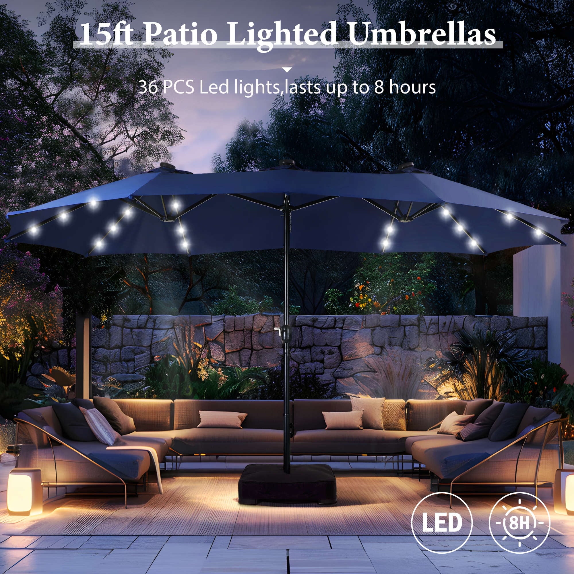 SUMMIT LIVING 15 FT Double-Sided Solar Patio Umbrella with Base Large Outdoor Umbrella with LED Solar Lights - Haze Blue