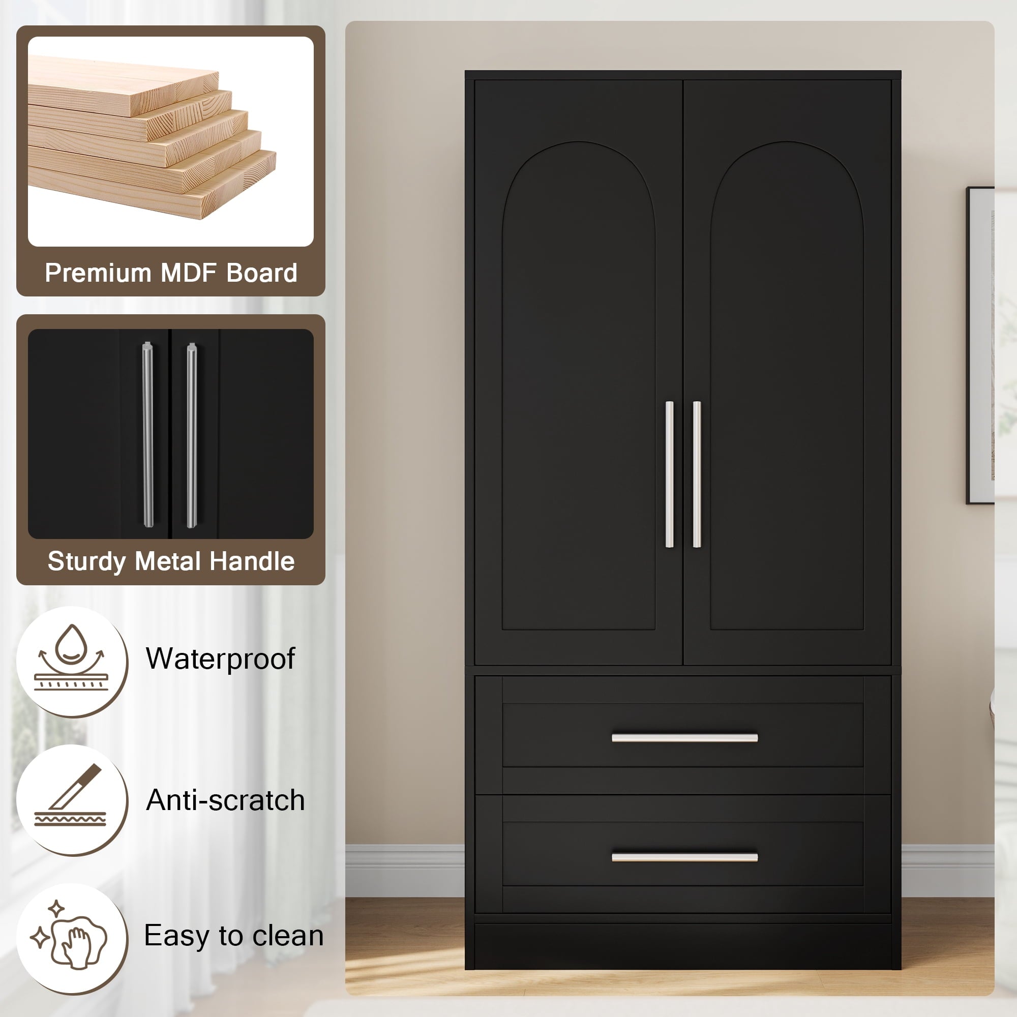 iPormis Wooden Armoire Wardrobe Closet with 2 Drawers, Clothing Storage Cabinet with Shelves Aluminum Hanging Rod, Sturdy Freestanding Modern Bedroom Clothing Armoires, White