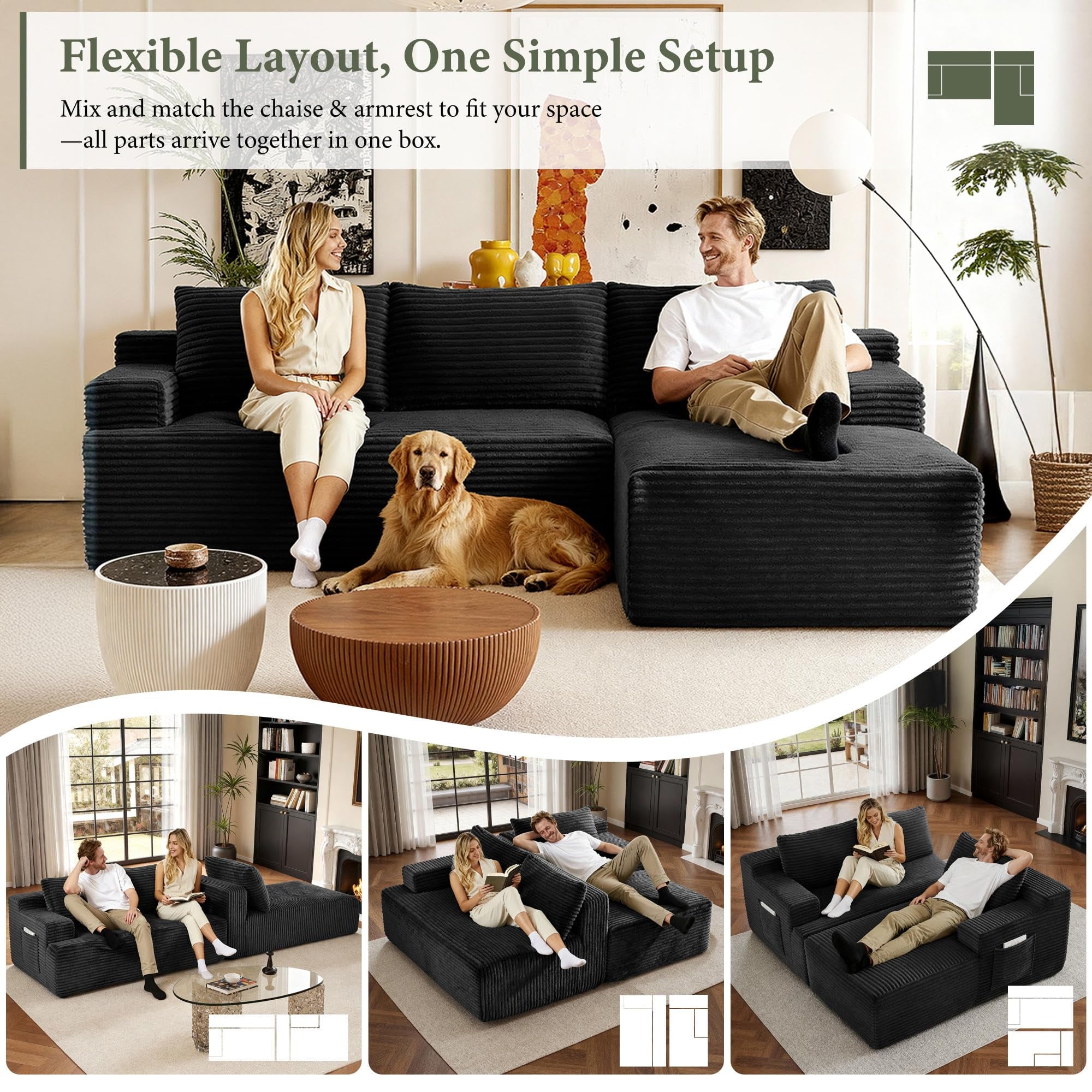 96 L-Shaped Sectional Couches for Living Room, Modular Cloud Couch with Chaise, Corduroy Deep Seat Boneless Sofa, No Assembly, Black