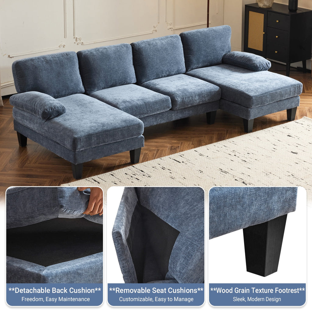 Ktaxon U-Shaped Sectional Sofa, 111  Chenille Couch, 4 Seat Lounge Sleeper with Double Chaise for Living Room Black