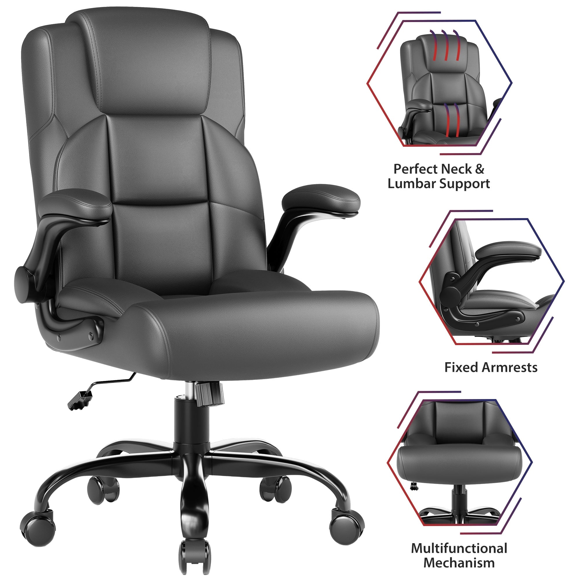 JONPONY Leather Office Chair, Big and Tall 500lbs Ergonomic Desk Chairs with Back Support, Executive Leather Chair with Wheels for Home Office, with Adjustable Padded Armrest & Lumbar Support , Black