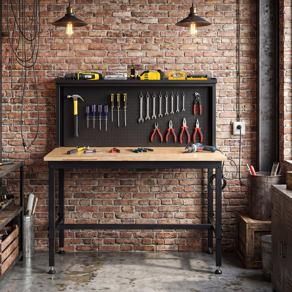 Gymax 48'' Heavy Duty Workbench w/ AC/USB Outlets and Pegboard Max Load 2000 LBS