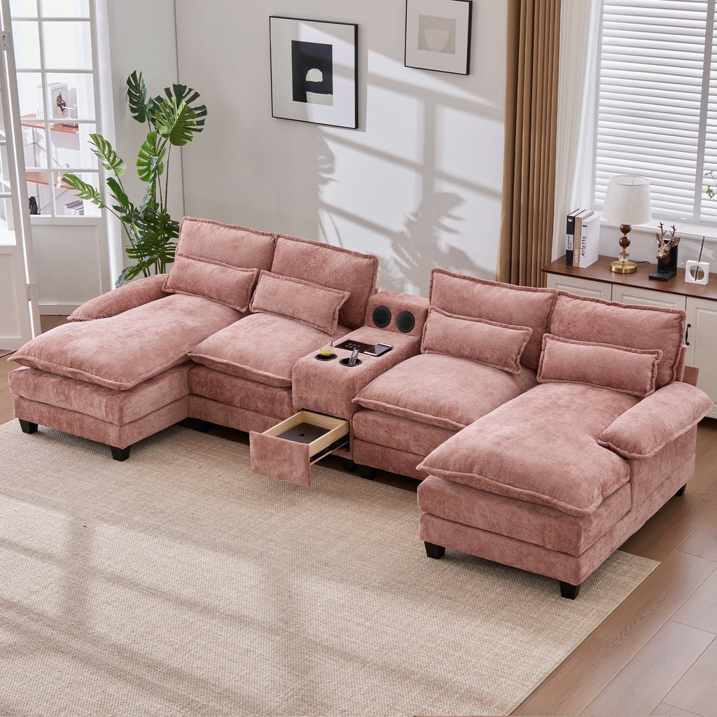 Villeston 126.77 U-Shaped Cloud Sofa With Chaise Lounge, Chenille Sofa With Wireless Charging, Bluetooth Speaker, Two Cup Holders, Storage Drawer, Suitable For Living Room,Gray