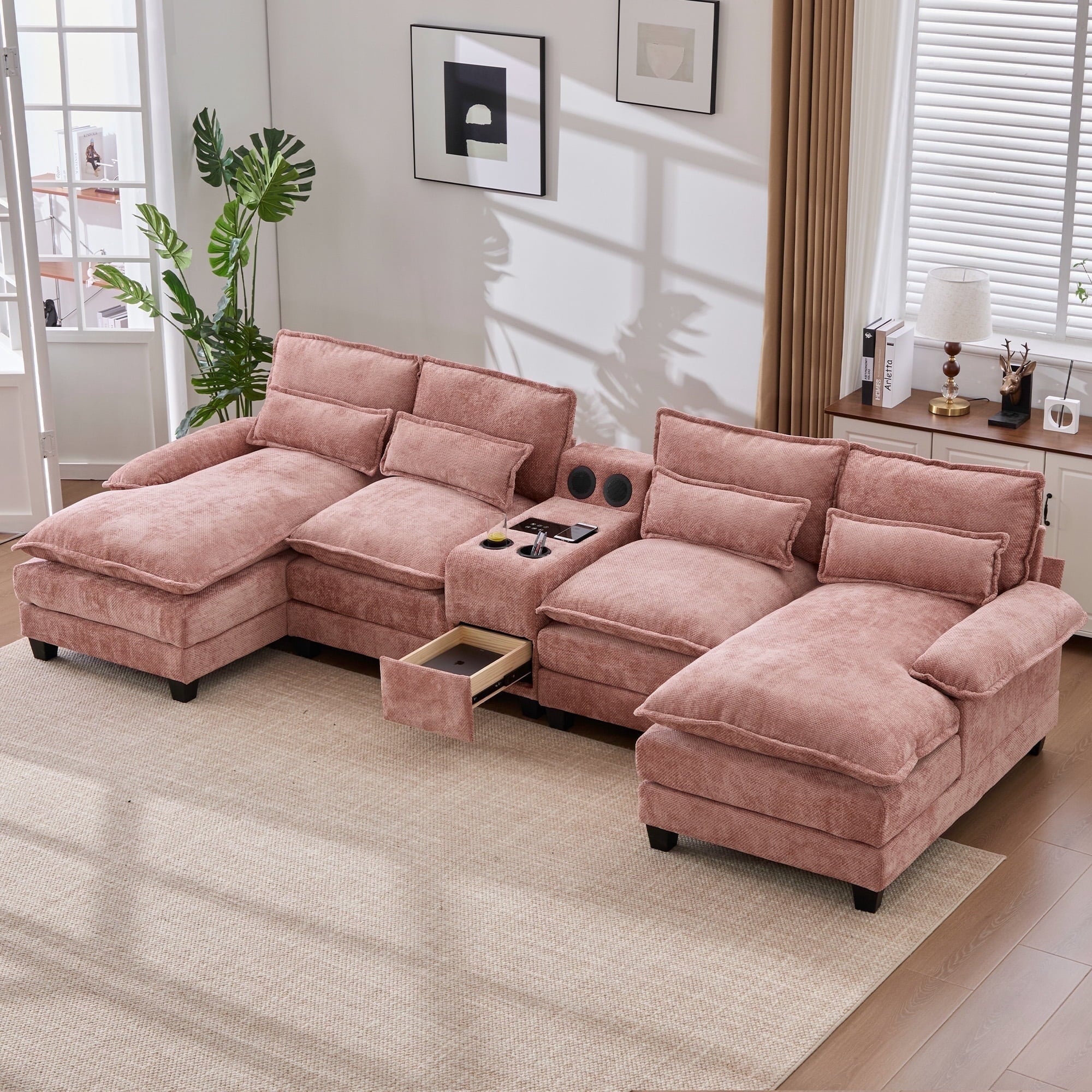 Villeston 126.77 U-Shaped Cloud Sofa With Chaise Lounge, Chenille Sofa With Wireless Charging, Bluetooth Speaker, Two Cup Holders, Storage Drawer, Suitable For Living Room,Gray
