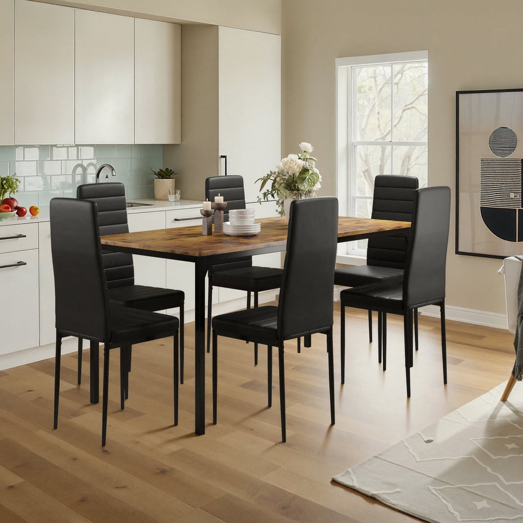 7 Piece Dining Table Set for 6, Kitchen Dining Room Furniture with 6 PU Leather Upholstered Chairs, Suitable for Apartment Small Space, Black