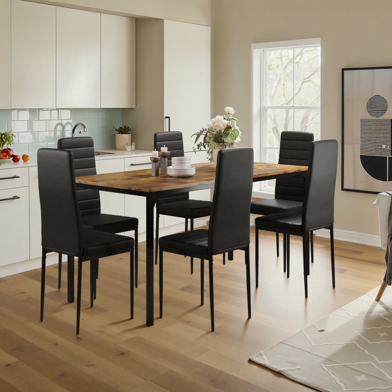 7 Piece Dining Table Set for 6, Kitchen Dining Room Furniture with 6 PU Leather Upholstered Chairs, Suitable for Apartment Small Space, Black